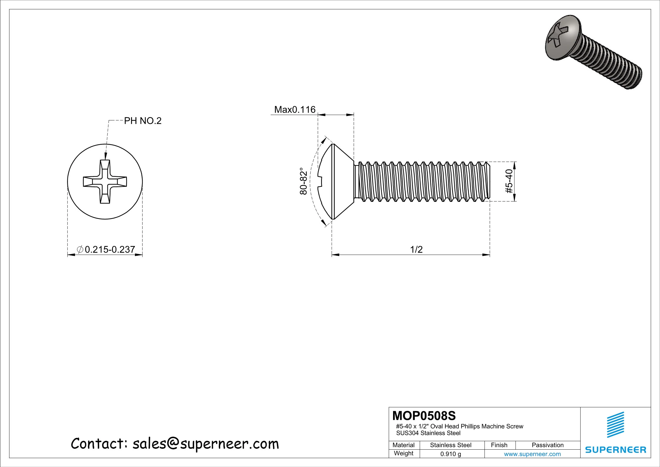 5-40 x 1/2"  Oval Head Phillips Machine Screw SUS304 Stainless Steel Inox