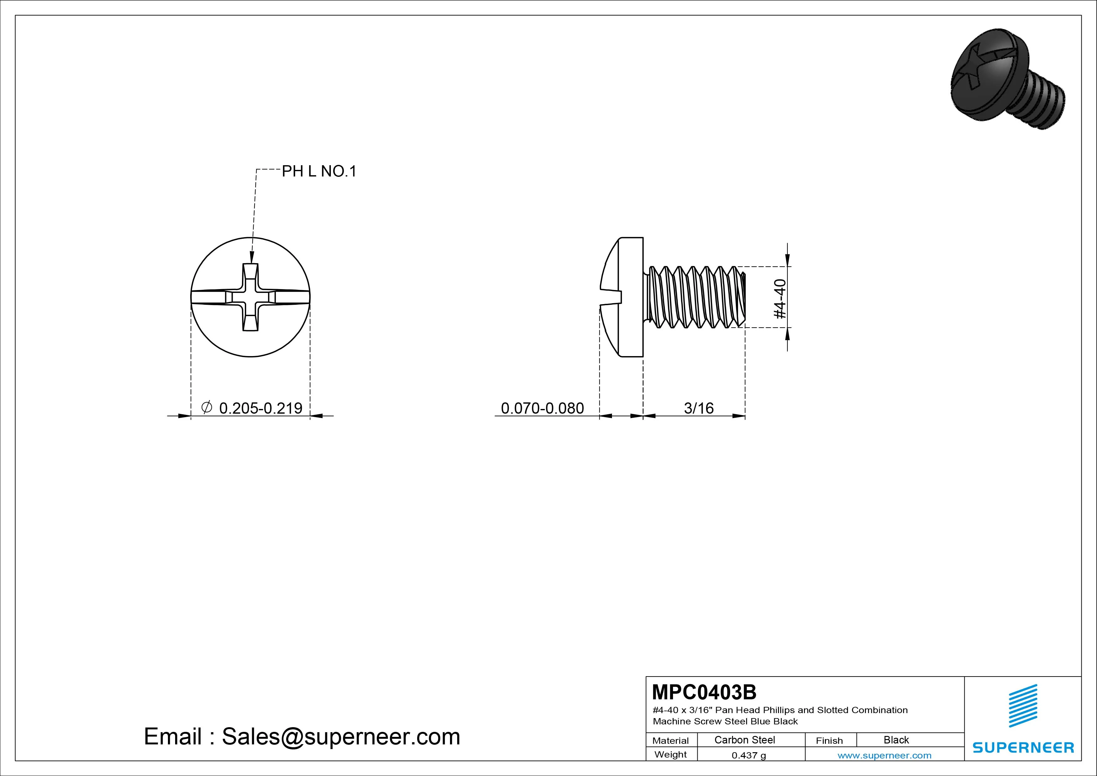 #4-40 x 3/16" Pan Head Phillips and Slotted Combination Machine Screw Steel Black