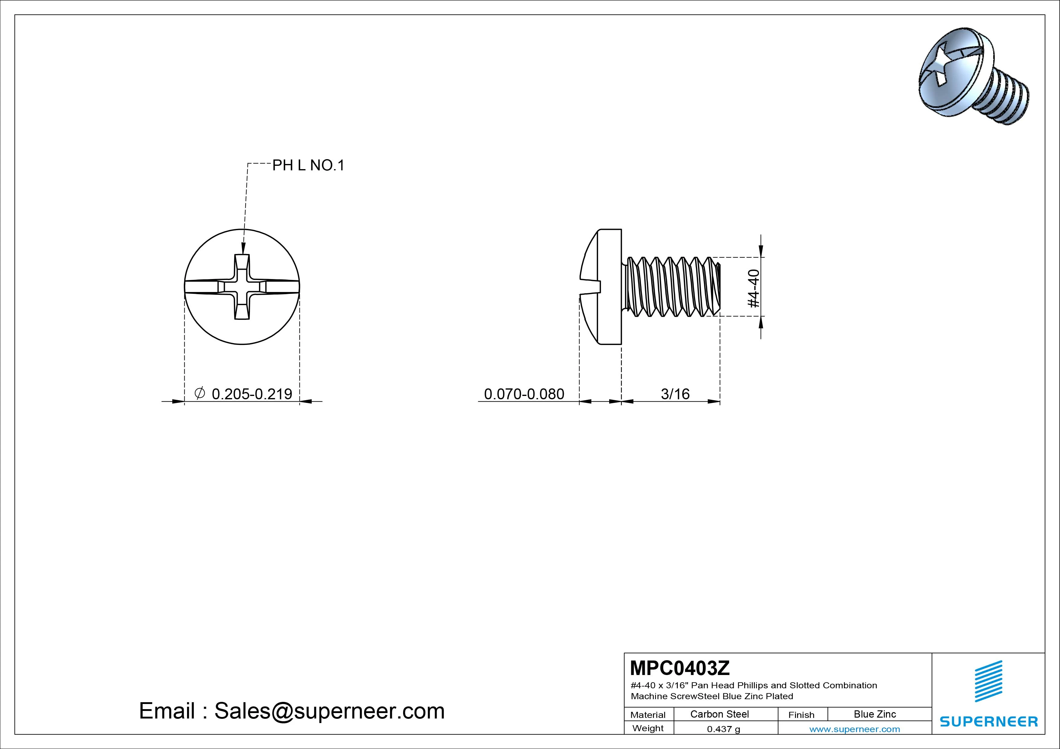 #4-40 x 3/16" Pan Head Phillips and Slotted Combination Machine Screw Steel Blue Zinc Plated