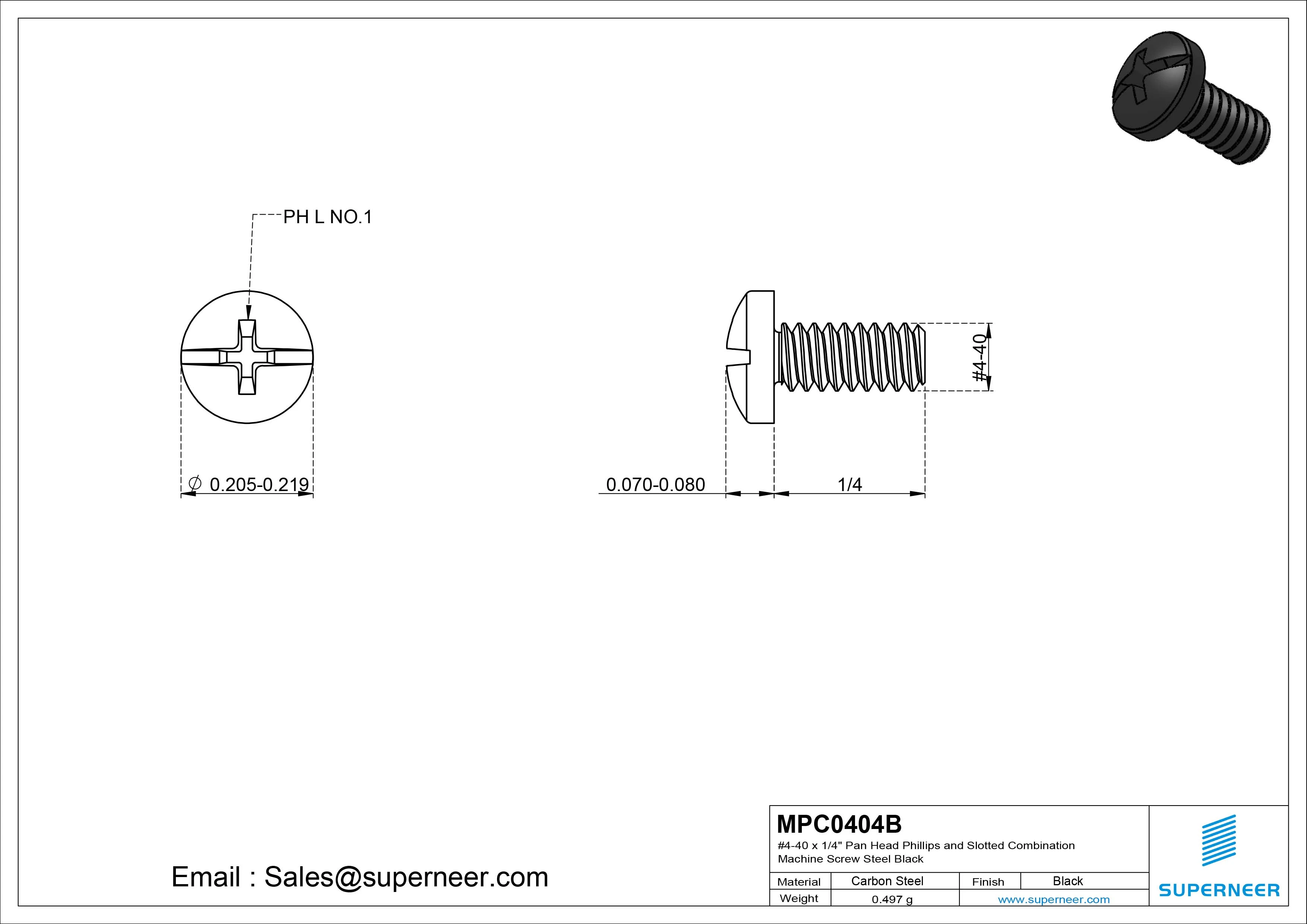 #4-40 x 1/4" Pan Head Phillips and Slotted Combination Machine Screw Steel Black