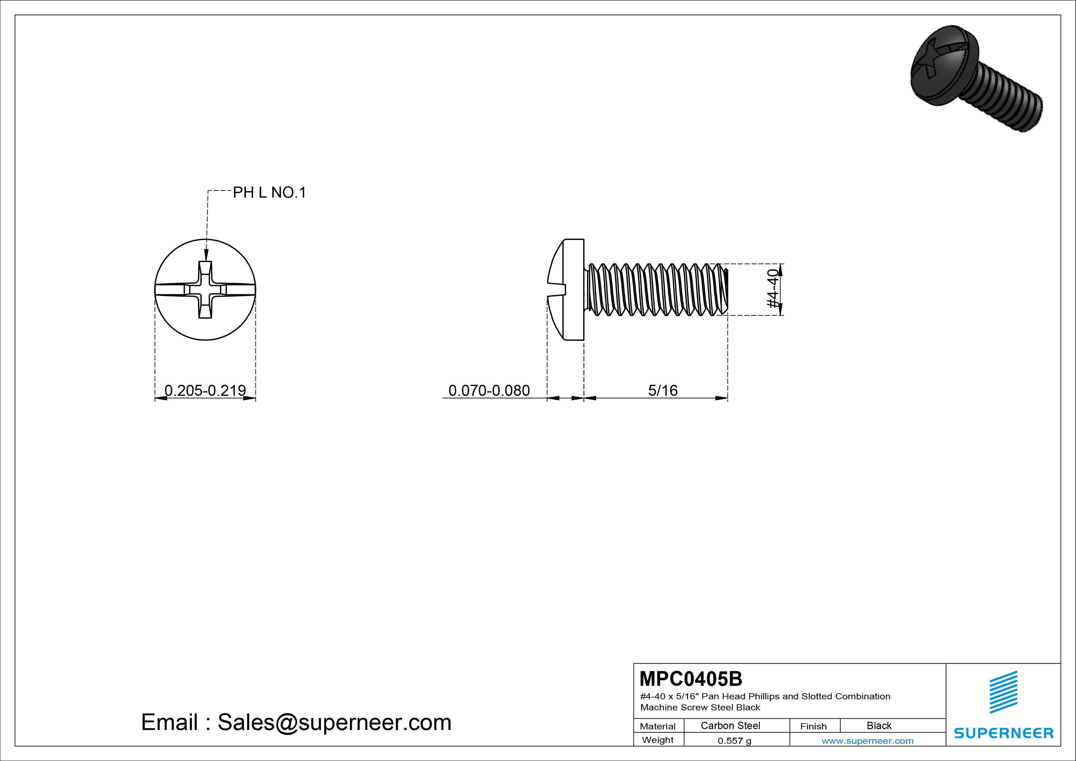 #4-40 x 5/16" Pan Head Phillips and Slotted Combination Machine Screw Steel Black