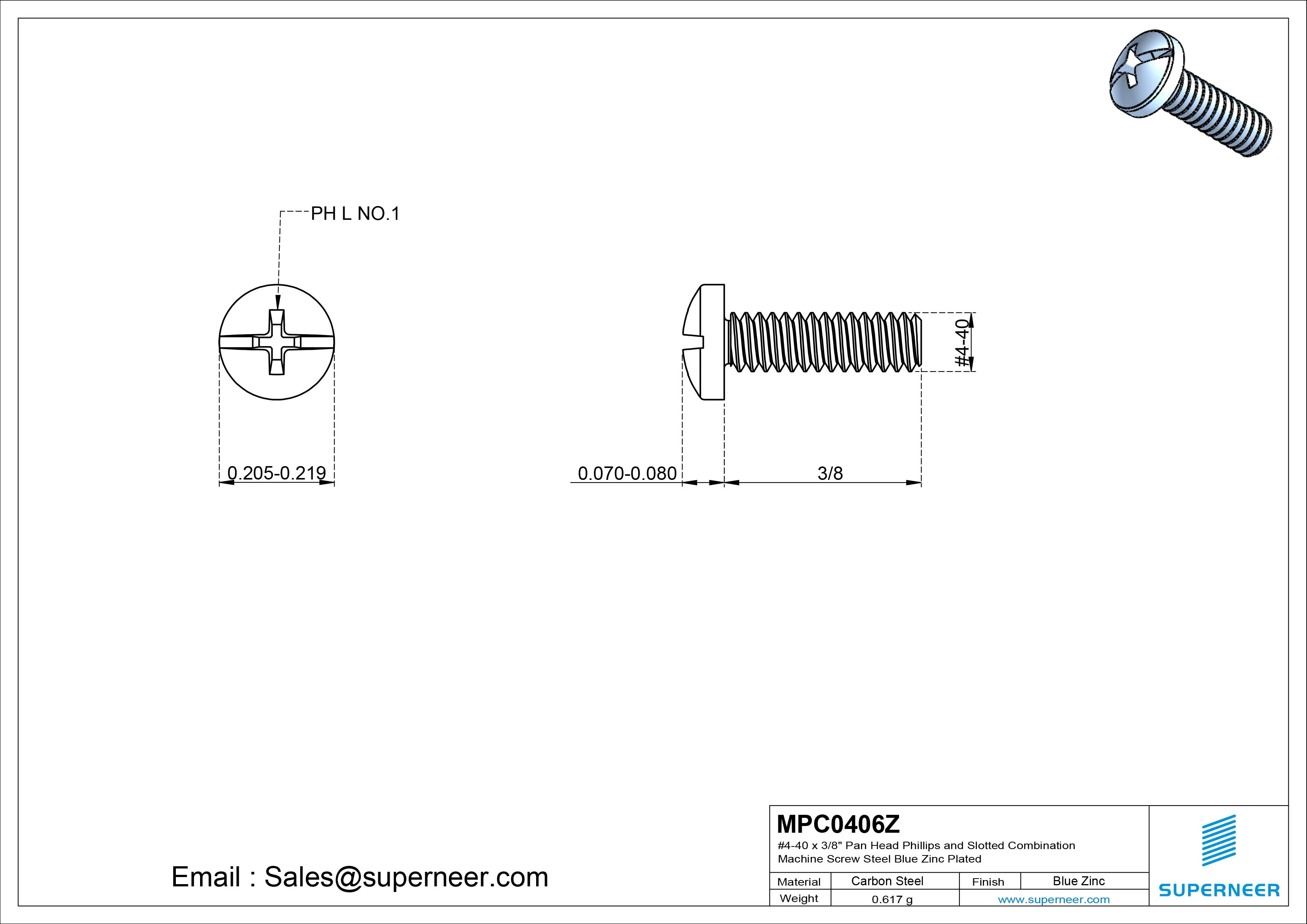 #4-40 x 3/8" Pan Head Phillips and Slotted Combination Machine Screw Steel Blue Zinc Plated