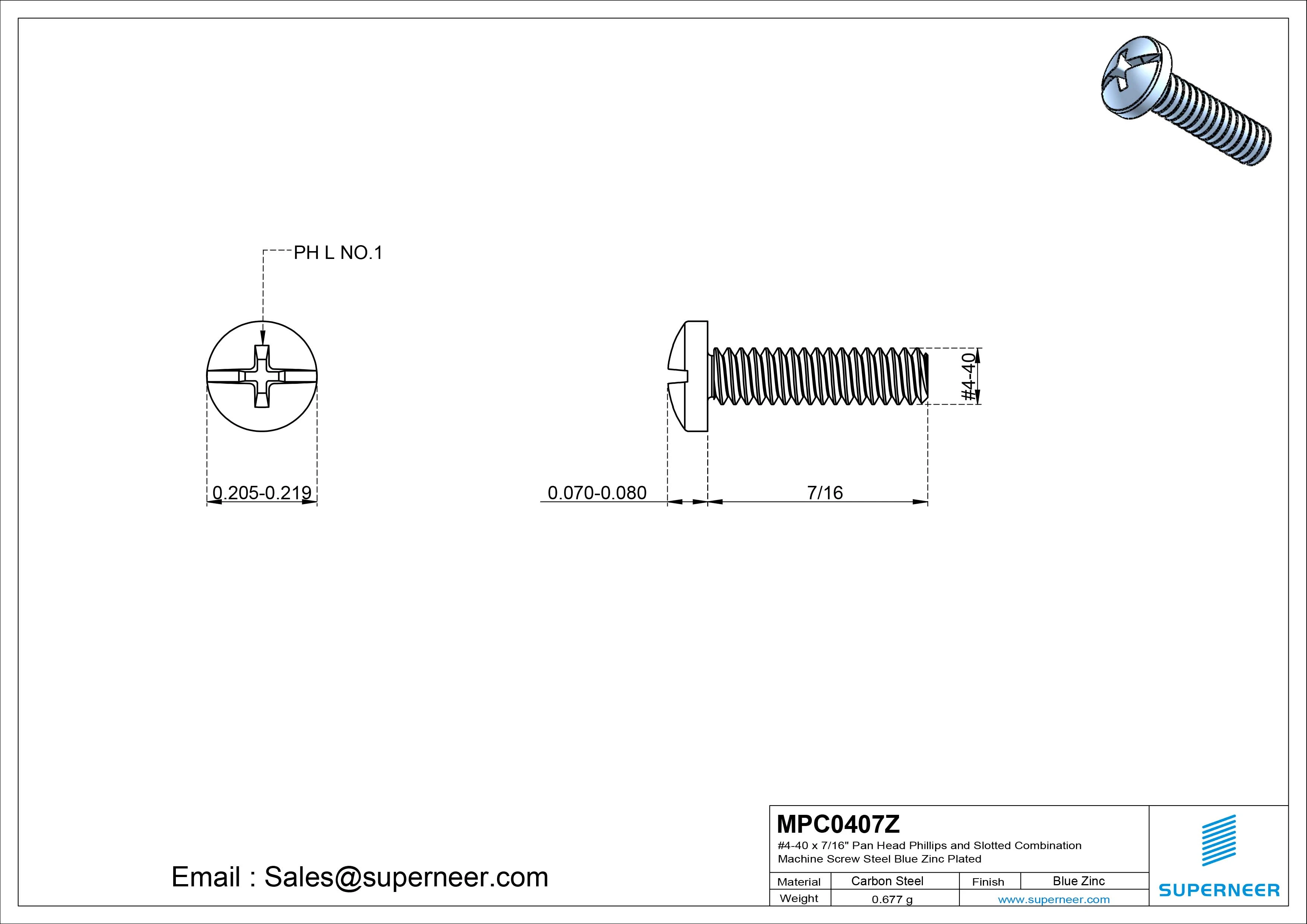 #4-40 x 7/16" Pan Head Phillips and Slotted Combination Machine Screw Steel Blue Zinc Plated