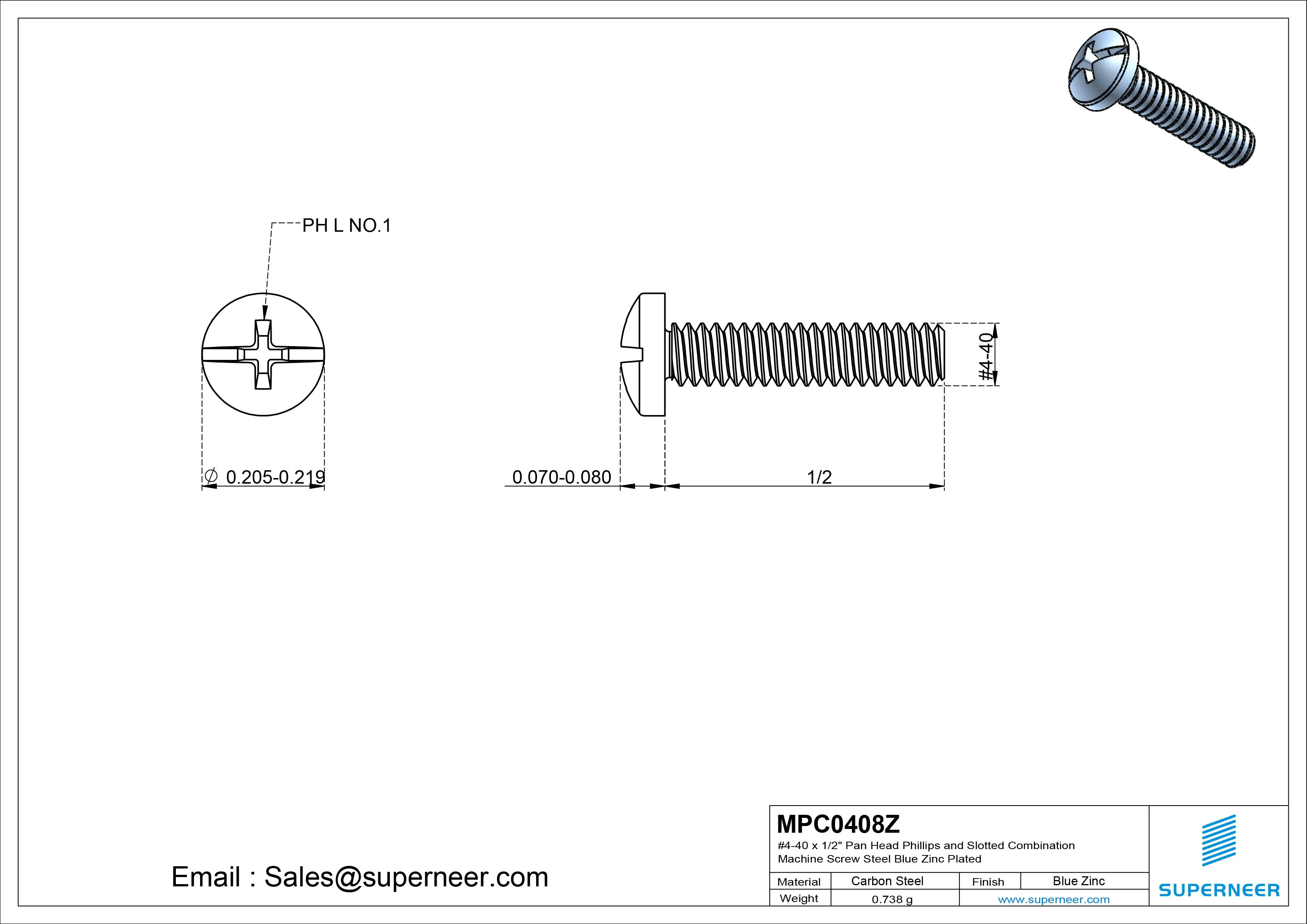#4-40 x 1/2"Pan Head Phillips and Slotted Combination Machine Screw Steel Blue Zinc Plated