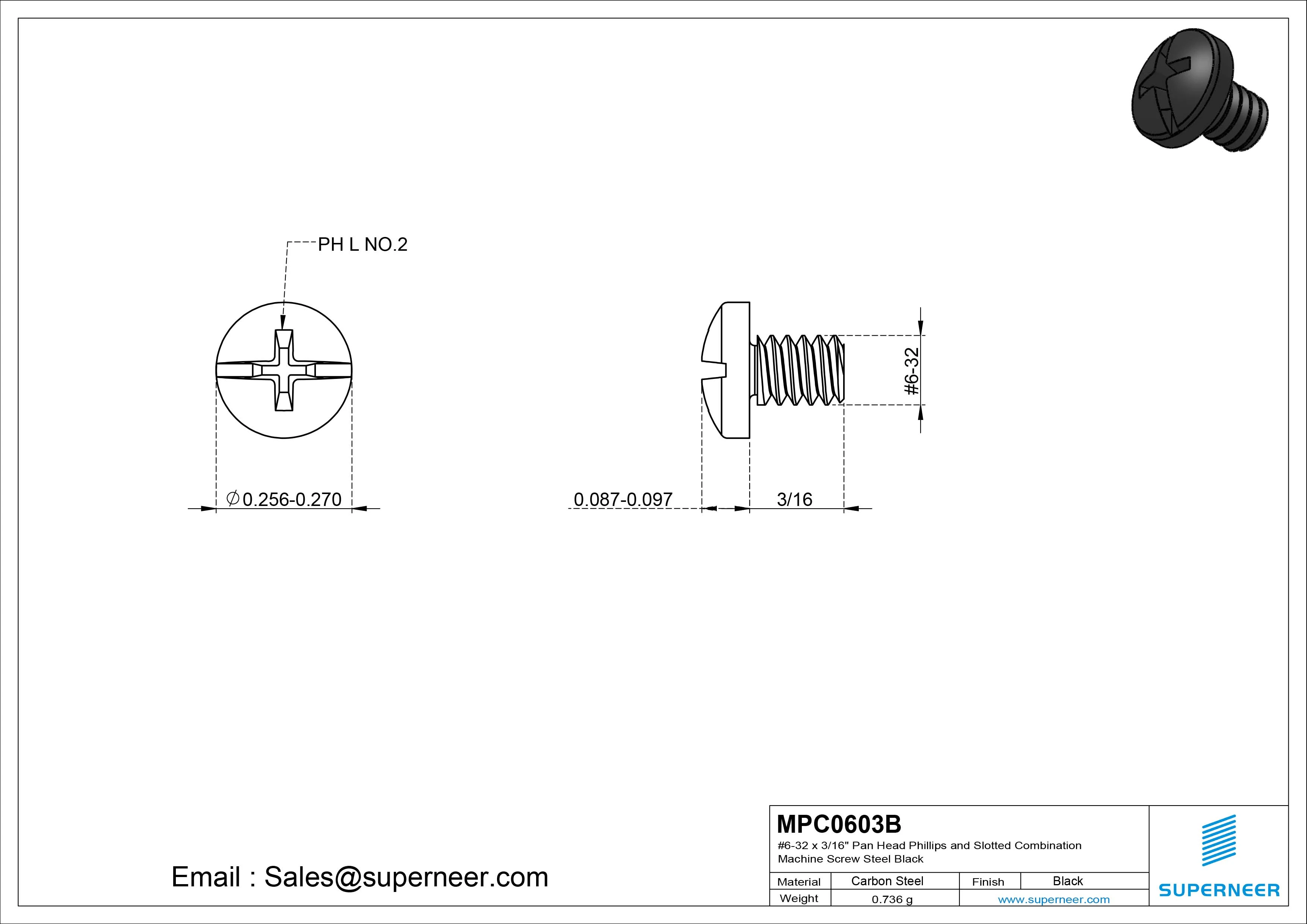 #6-32 x 3/16" Pan Head Phillips and Slotted Combination Machine Screw Steel Black