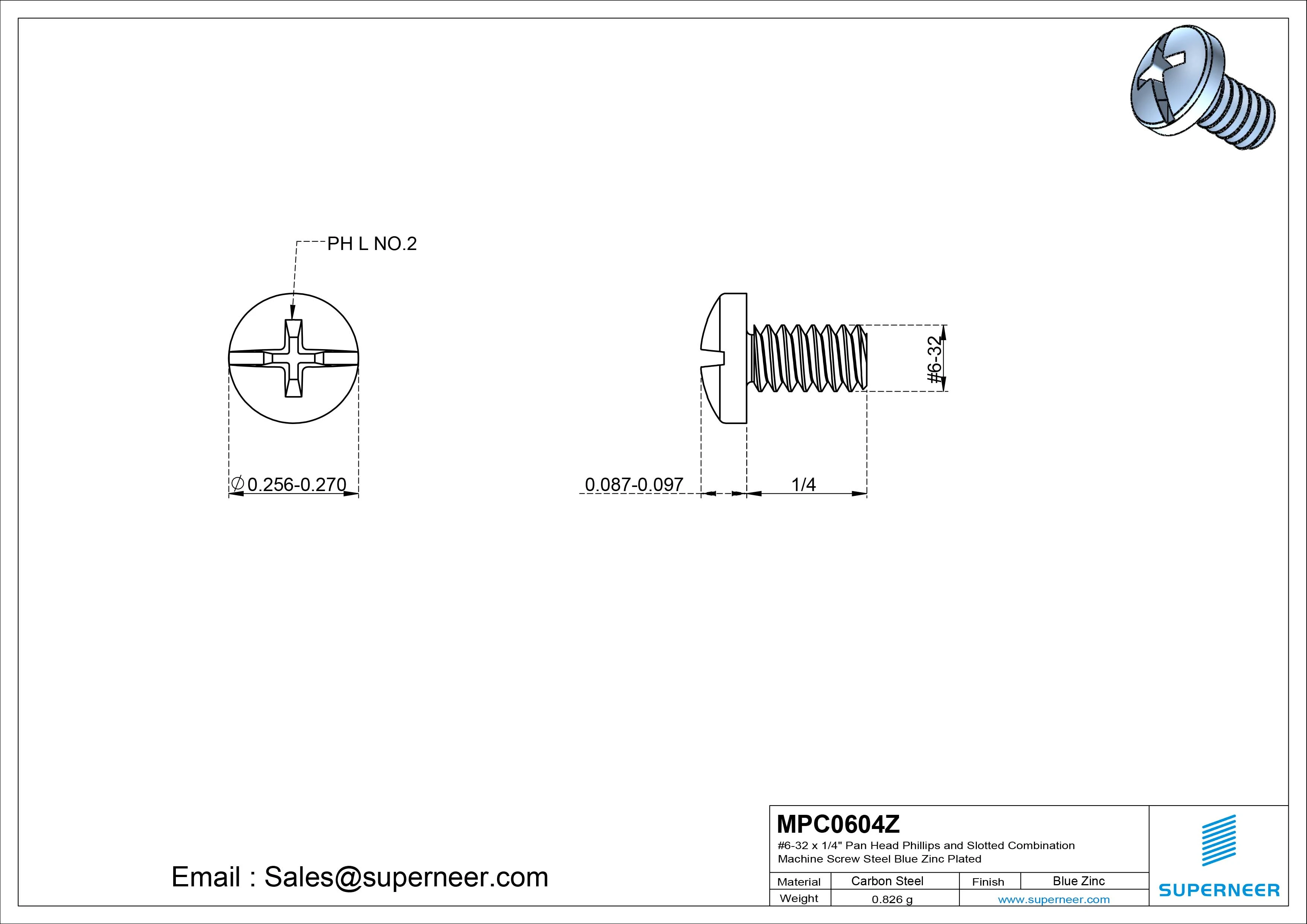 #6-32 x 1/4" Pan Head Phillips and Slotted Combination Machine Screw Steel Blue Zinc Plated