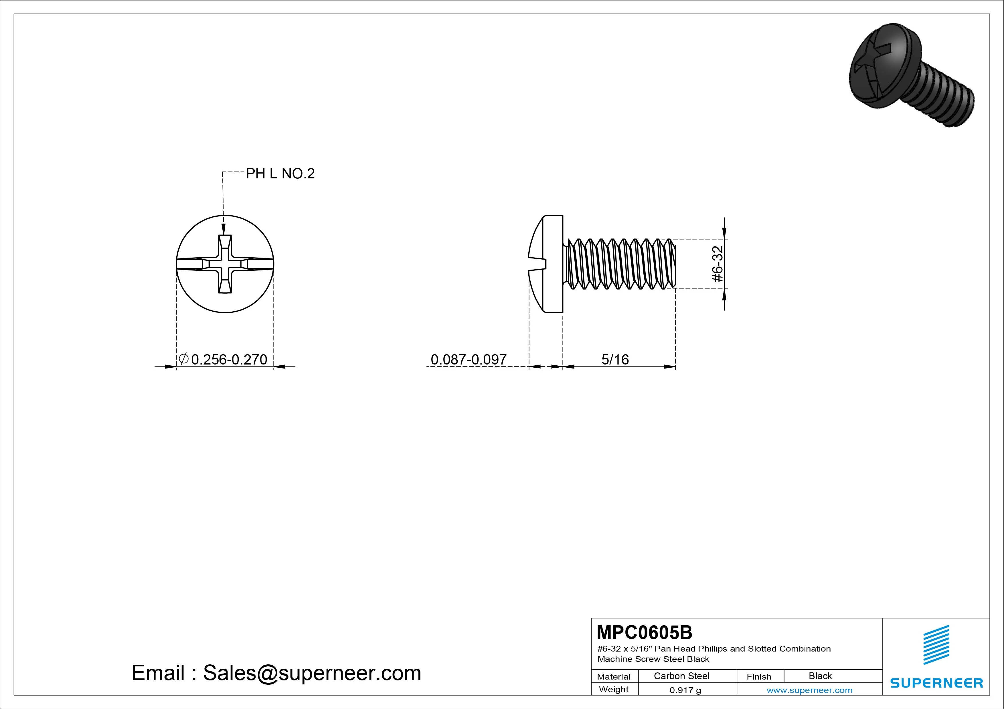 #6-32 x 5/16" Pan Head Phillips and Slotted Combination Machine Screw Steel Black
