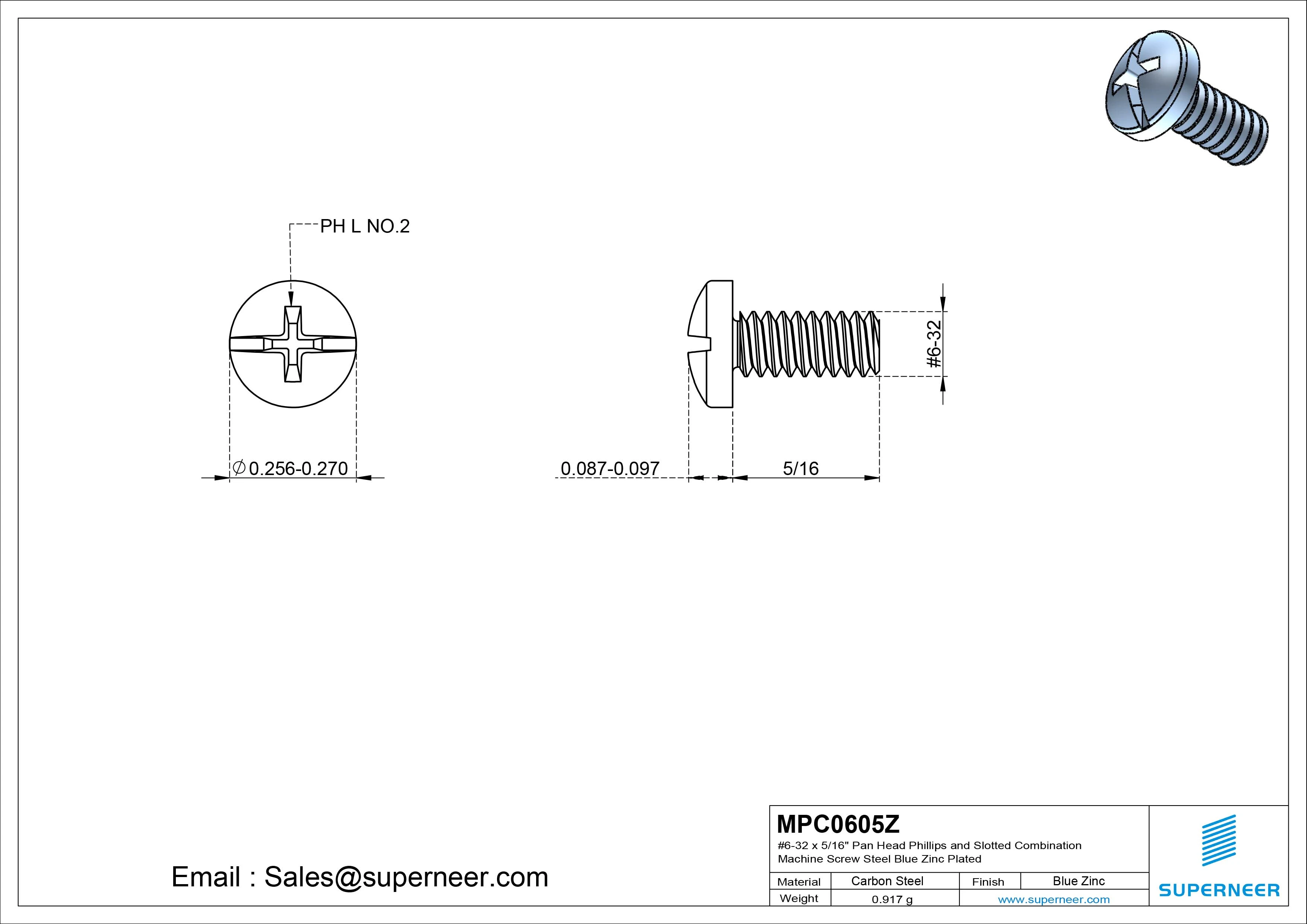 #6-32 x 5/16" Pan Head Phillips and Slotted Combination Machine Screw Steel Blue Zinc Plated