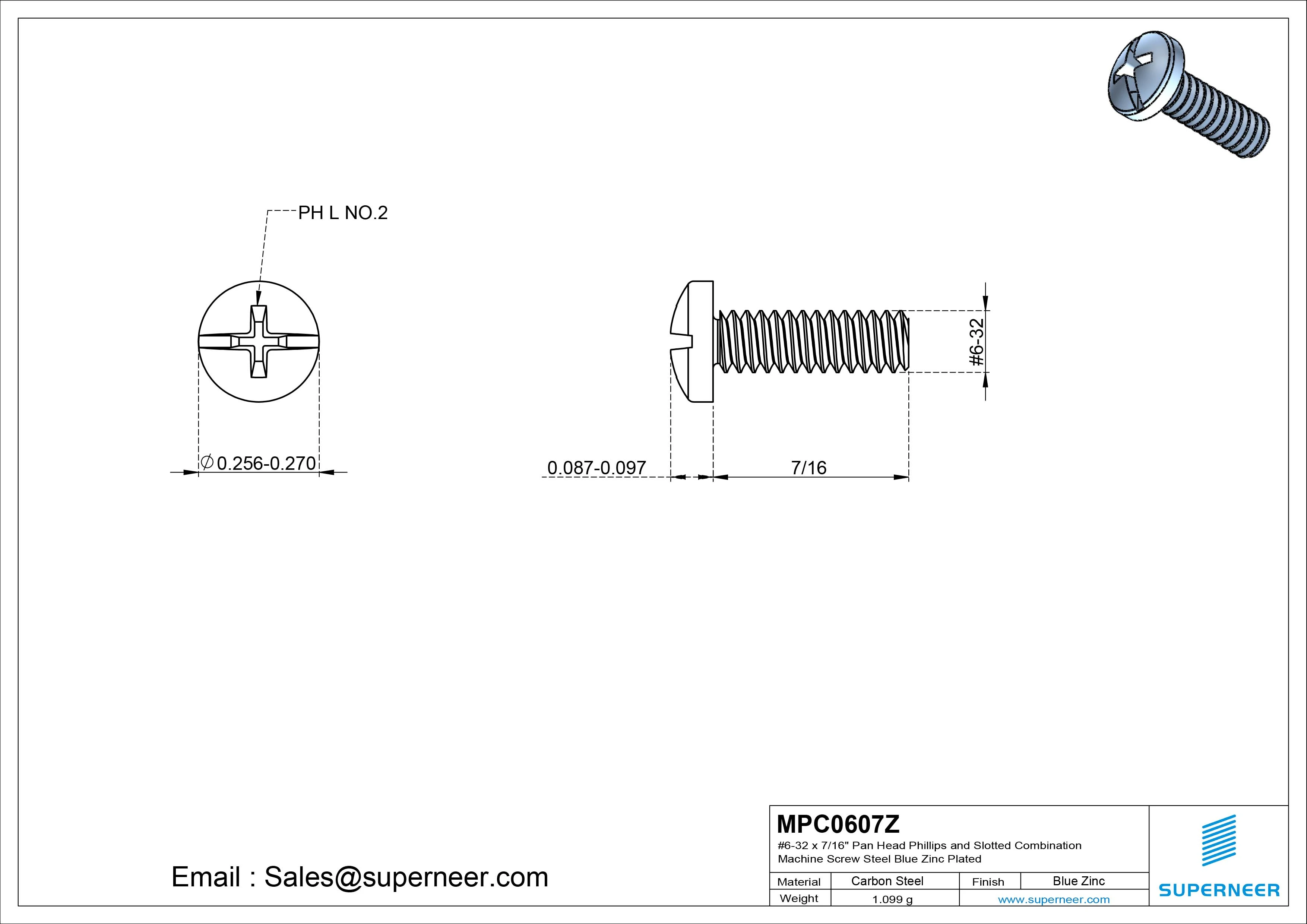 #6-32 x 7/16" Pan Head Phillips and Slotted Combination Machine Screw Steel Blue Zinc Plated