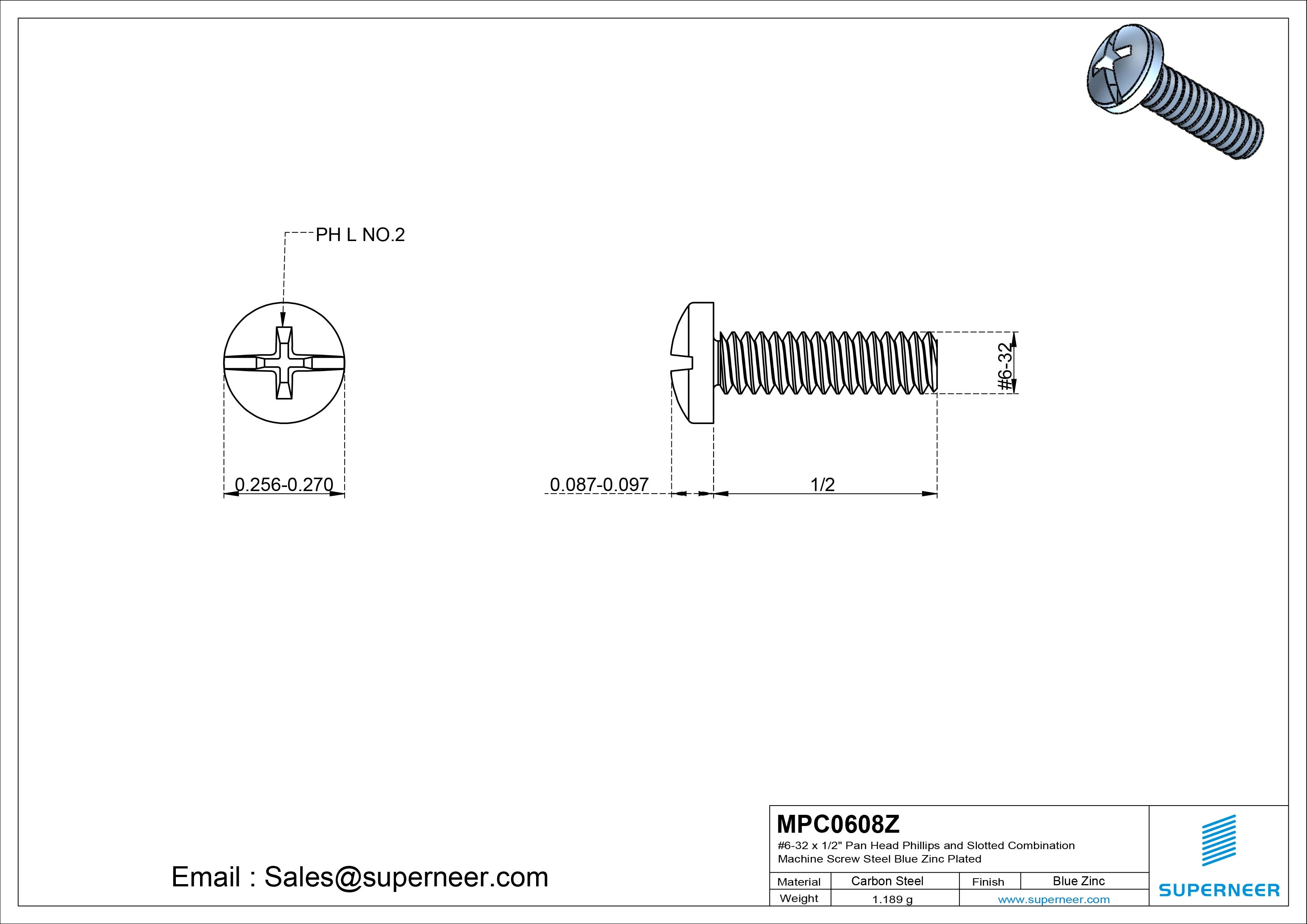 #6-32 x 1/2" Pan Head Phillips and Slotted Combination Machine Screw Steel Blue Zinc Plated