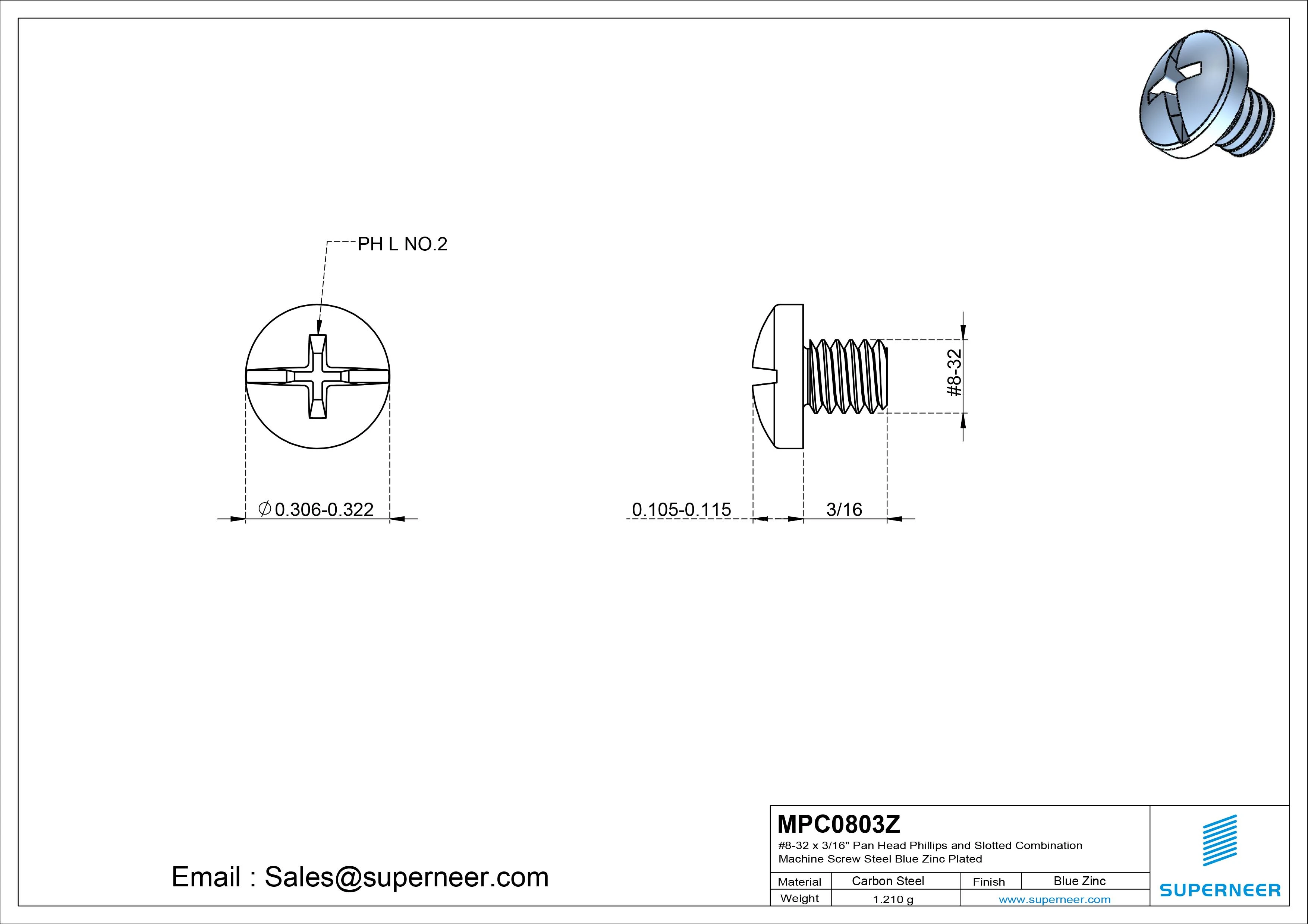 #8-32 x 3/16" Pan Head Phillips and Slotted Combination Machine Screw Steel Blue Zinc Plated