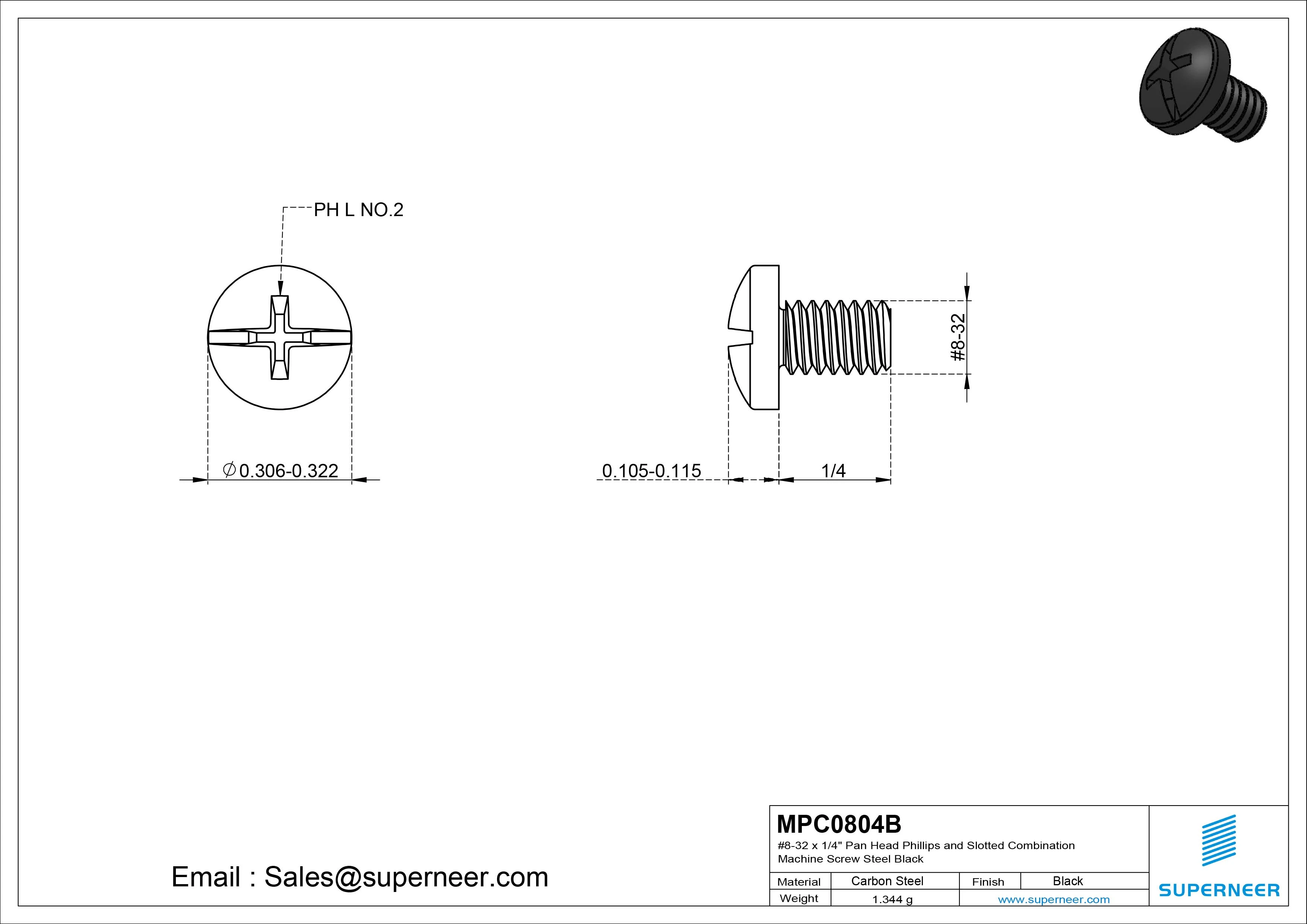 #8-32 x 1/4" Pan Head Phillips and Slotted Combination Machine Screw Steel Black