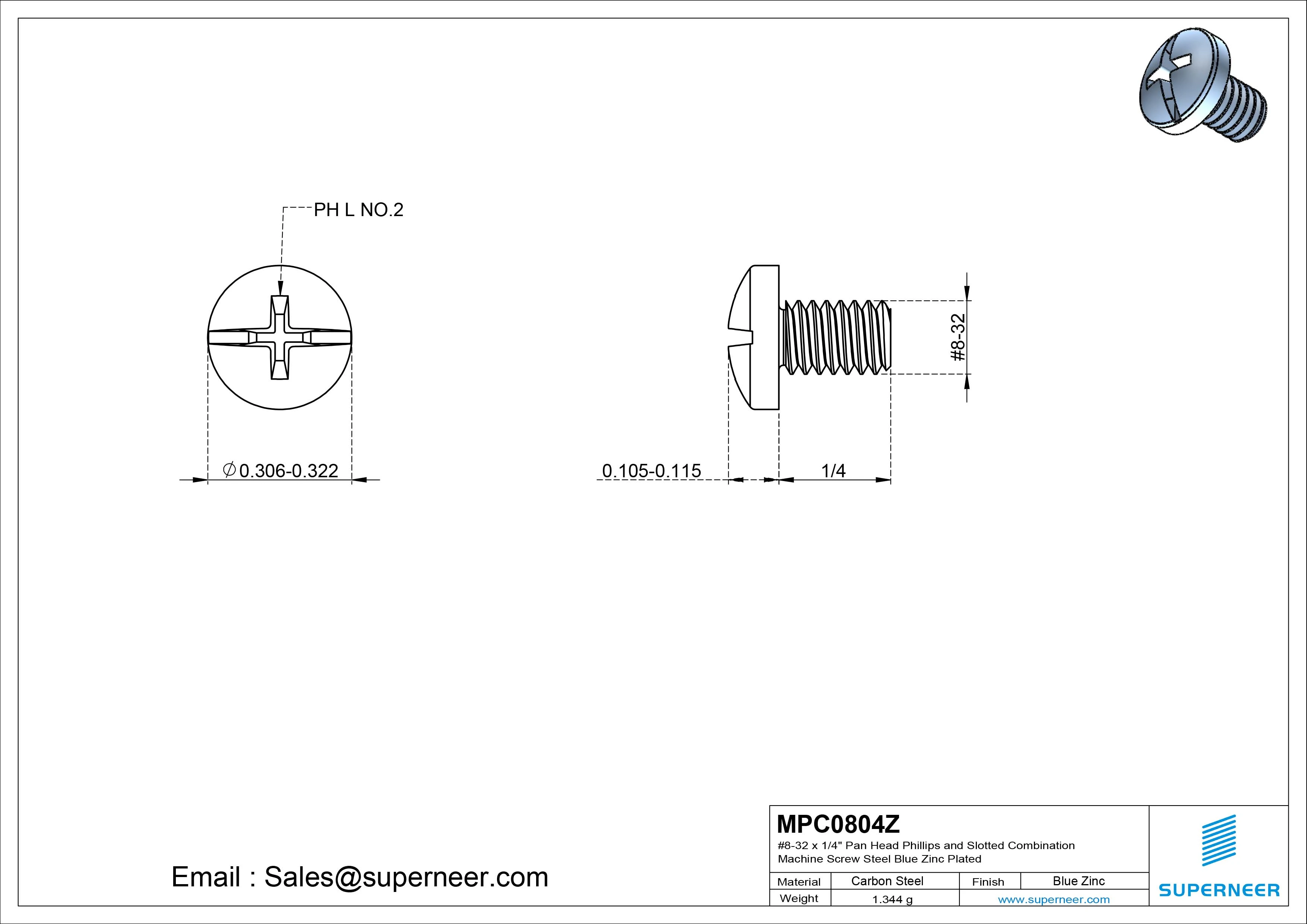 #8-32 x 1/4" Pan Head Phillips and Slotted Combination Machine Screw Steel Blue Zinc Plated