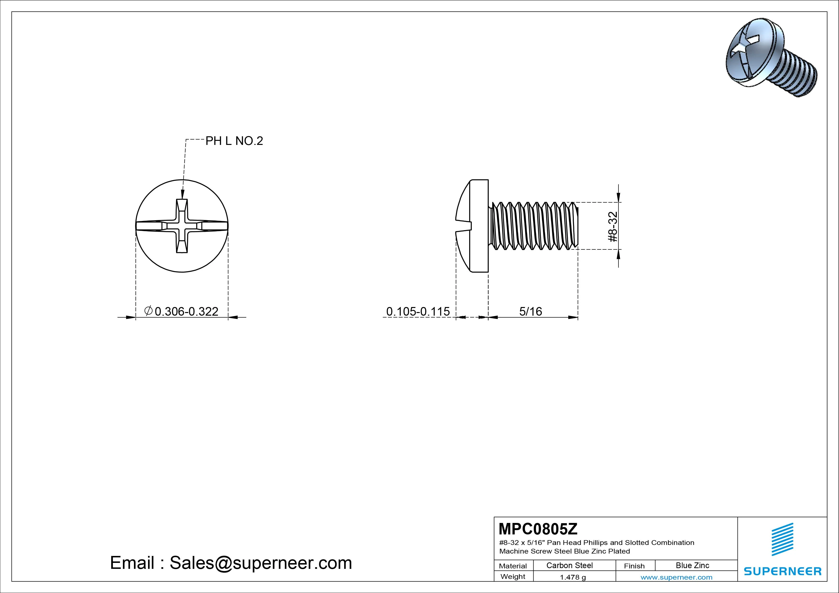 #8-32 x 5/16" Pan Head Phillips and Slotted Combination Machine Screw Steel Blue Zinc Plated