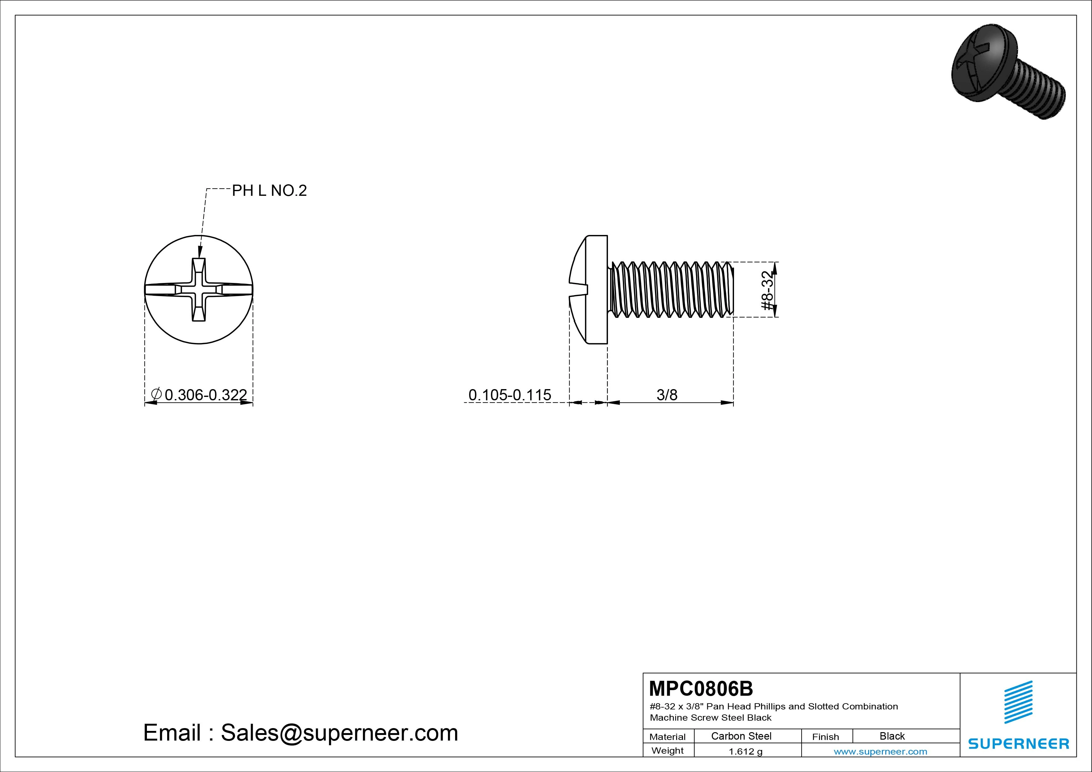 #8-32 x 3/8" Pan Head Phillips and Slotted Combination Machine Screw Steel Black