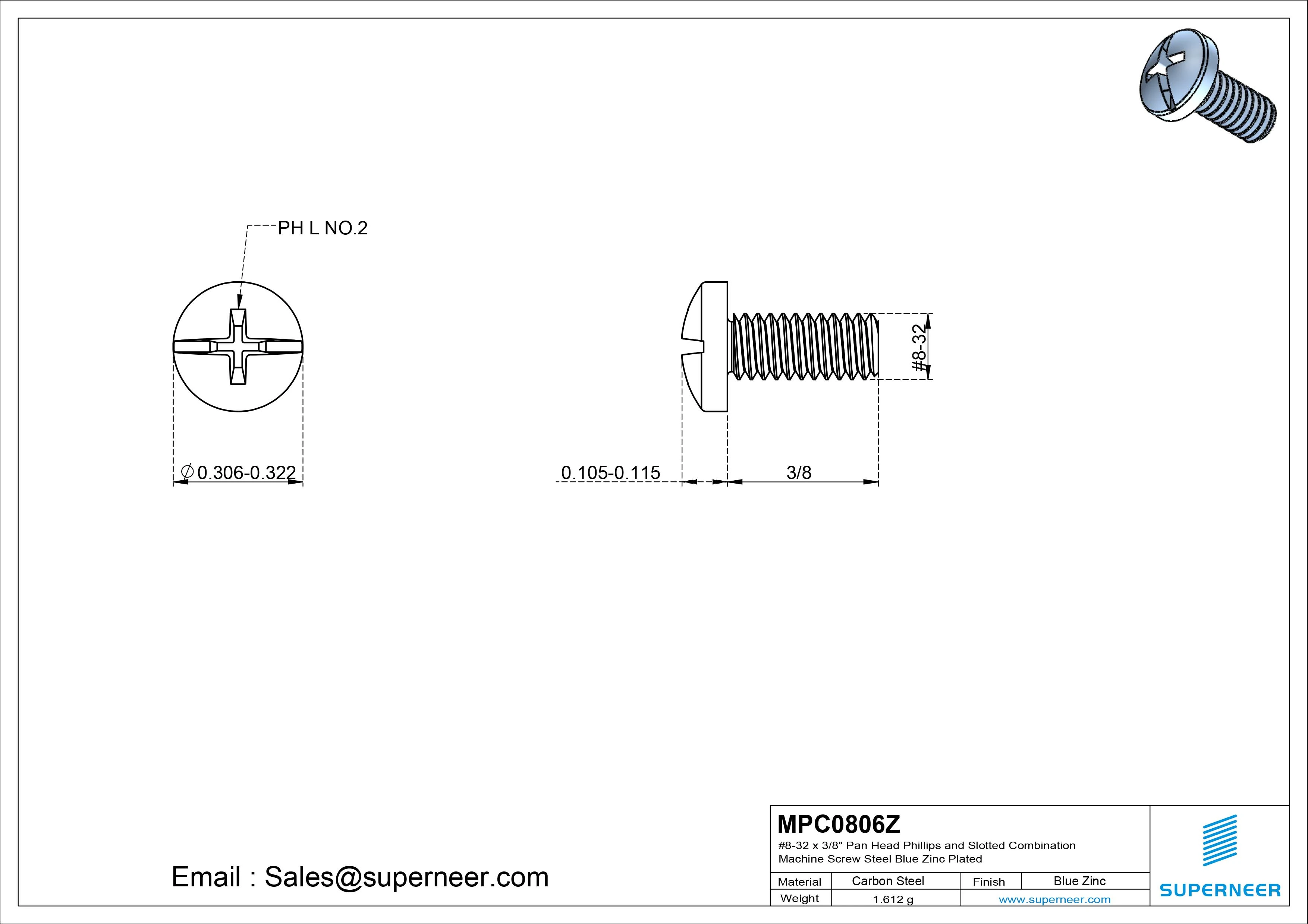 #8-32 x 3/8" Pan Head Phillips and Slotted Combination Machine Screw Steel Blue Zinc Plated