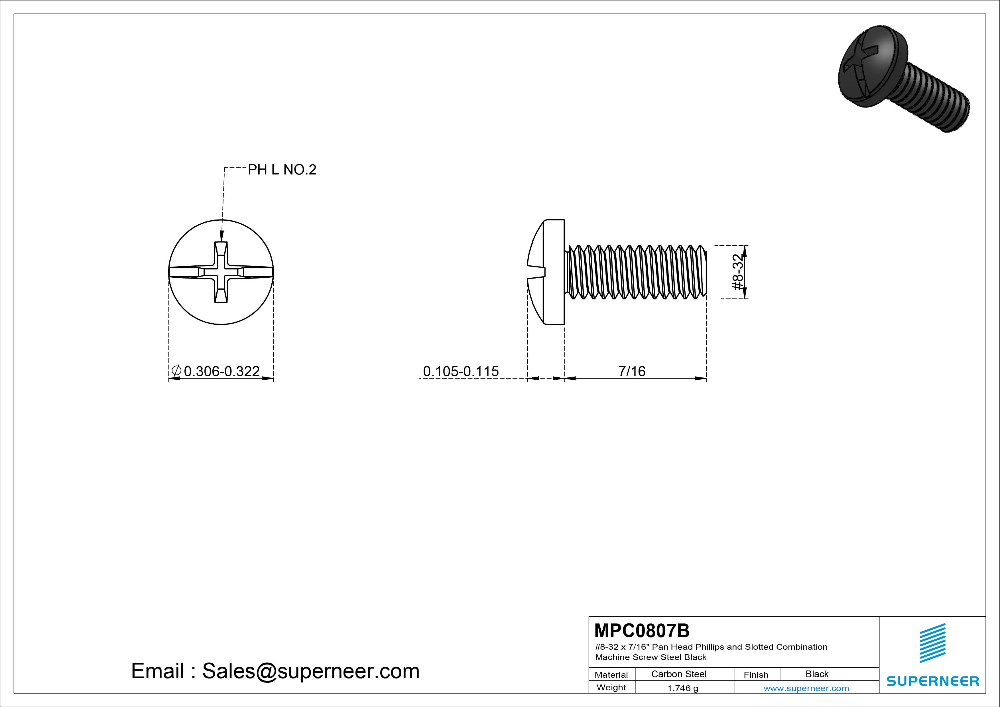 #8-32 x 7/16" Pan Head Phillips and Slotted Combination Machine Screw Steel Black
