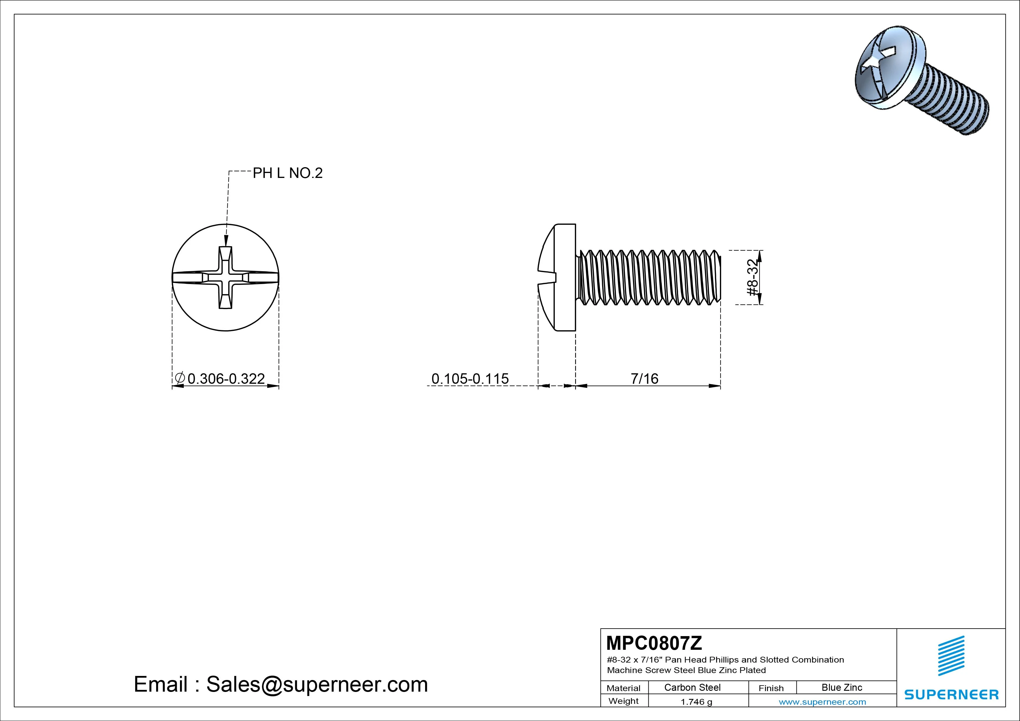 #8-32 x 7/16" Pan Head Phillips and Slotted Combination Machine Screw Steel Blue Zinc Plated