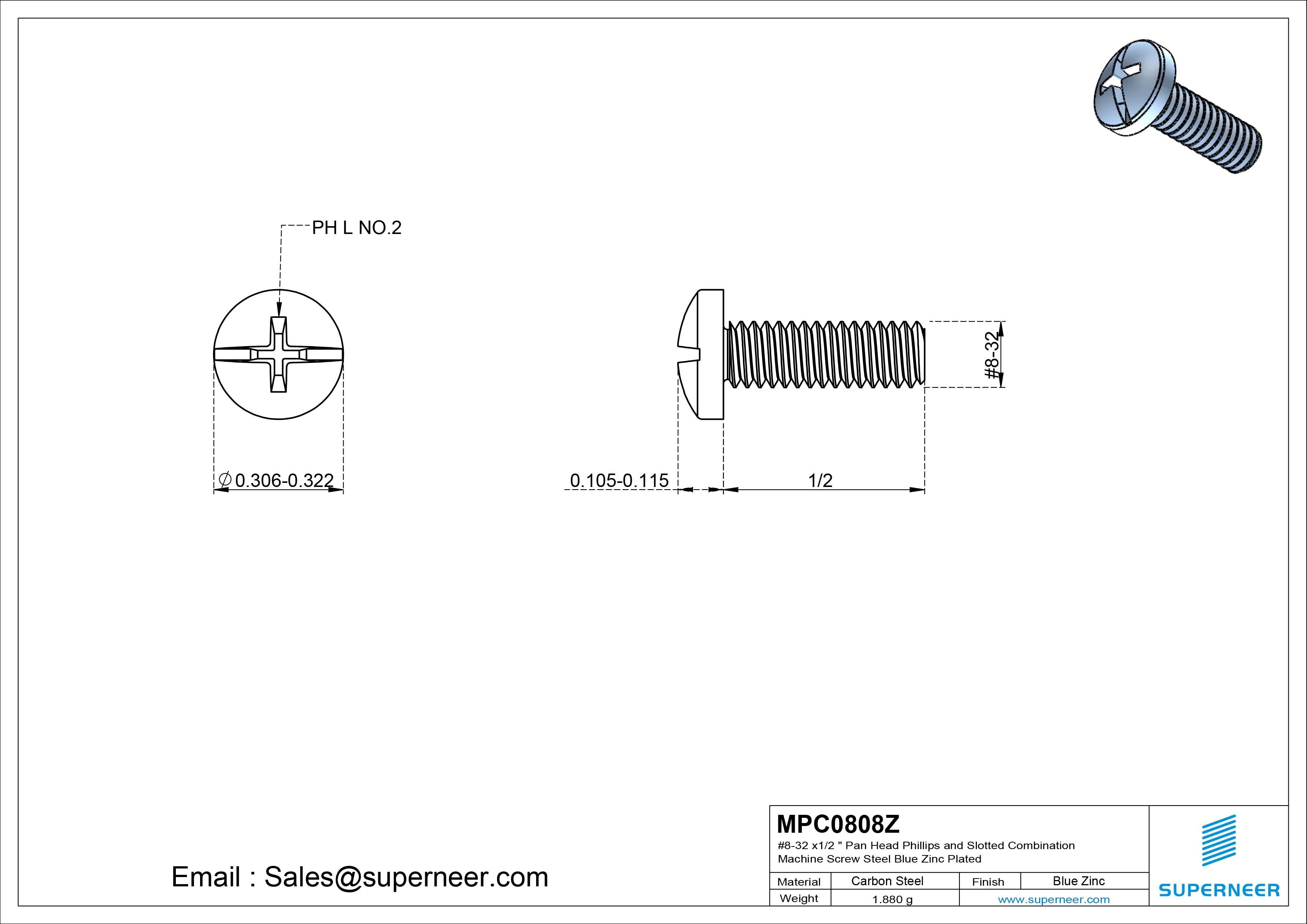 #8-32 x 1/2" Pan Head Phillips and Slotted Combination Machine Screw Steel Blue Zinc Plated