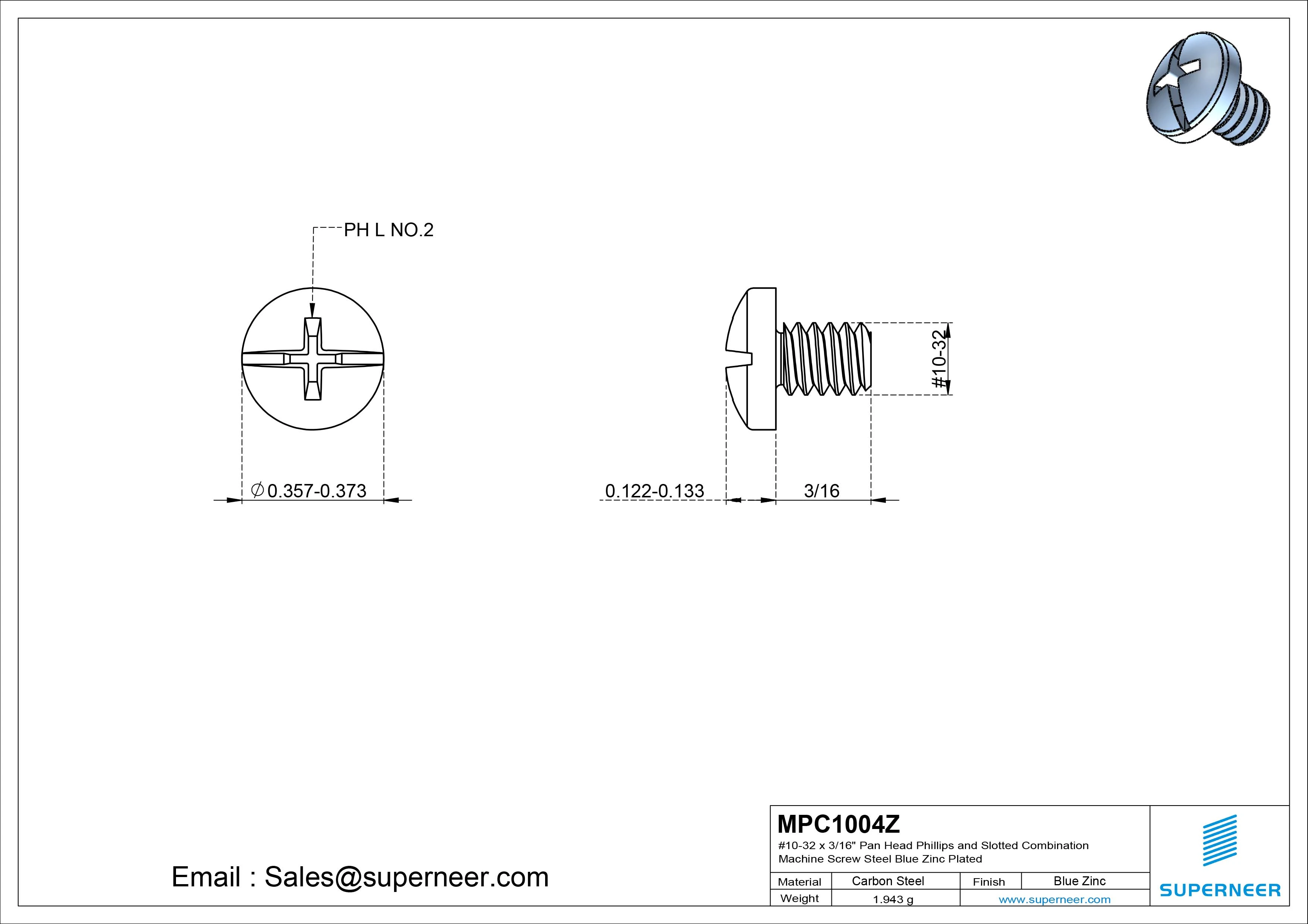 #10-32 x 1/4" Pan Head Phillips and Slotted Combination Machine Screw Steel Blue Zinc Plated