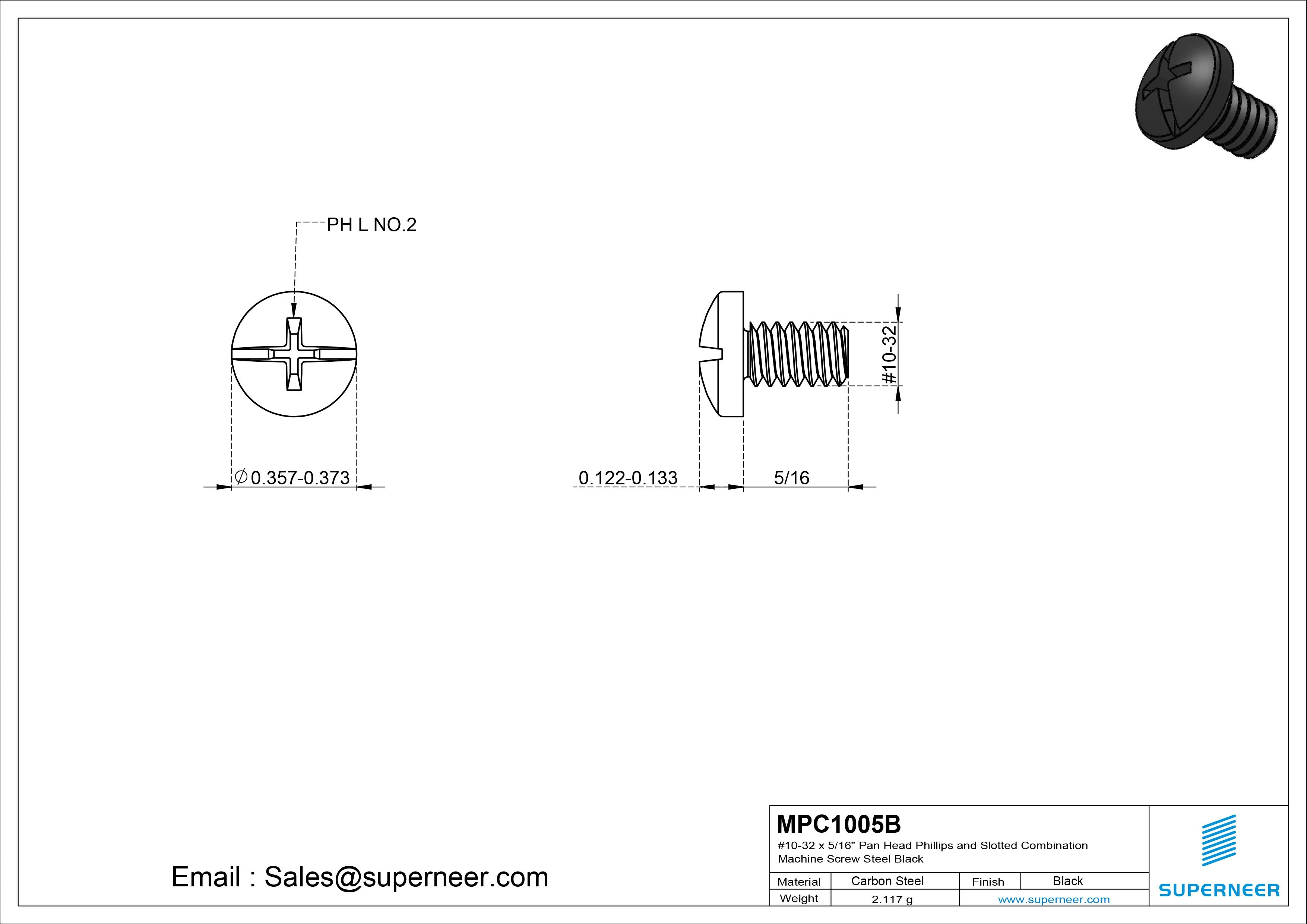 #10-32 x 5/16" Pan Head Phillips and Slotted Combination Machine Screw Steel Black