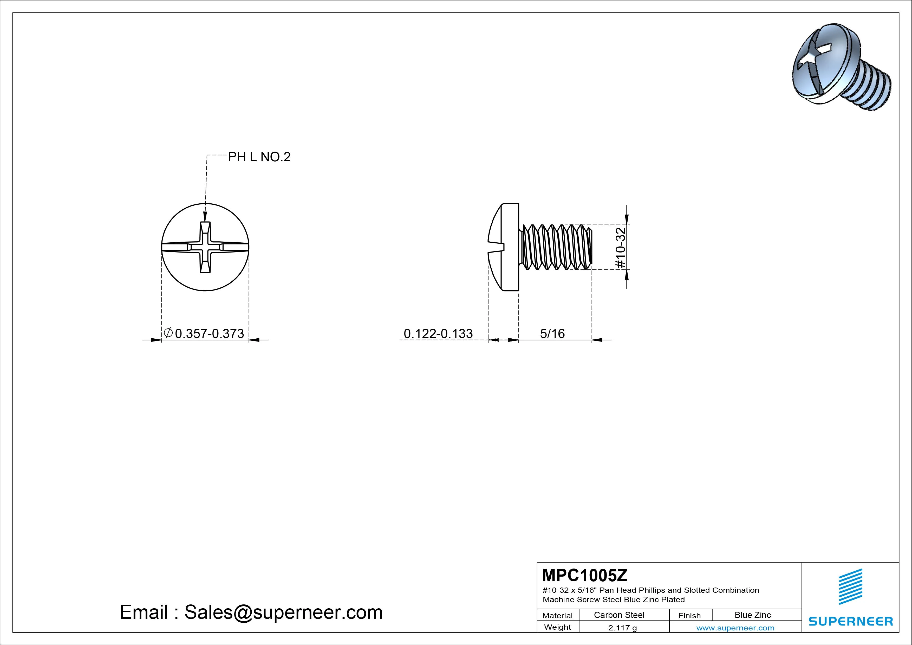 #10-32 x 5/16" Pan Head Phillips and Slotted Combination Machine Screw Steel Blue Zinc Plated