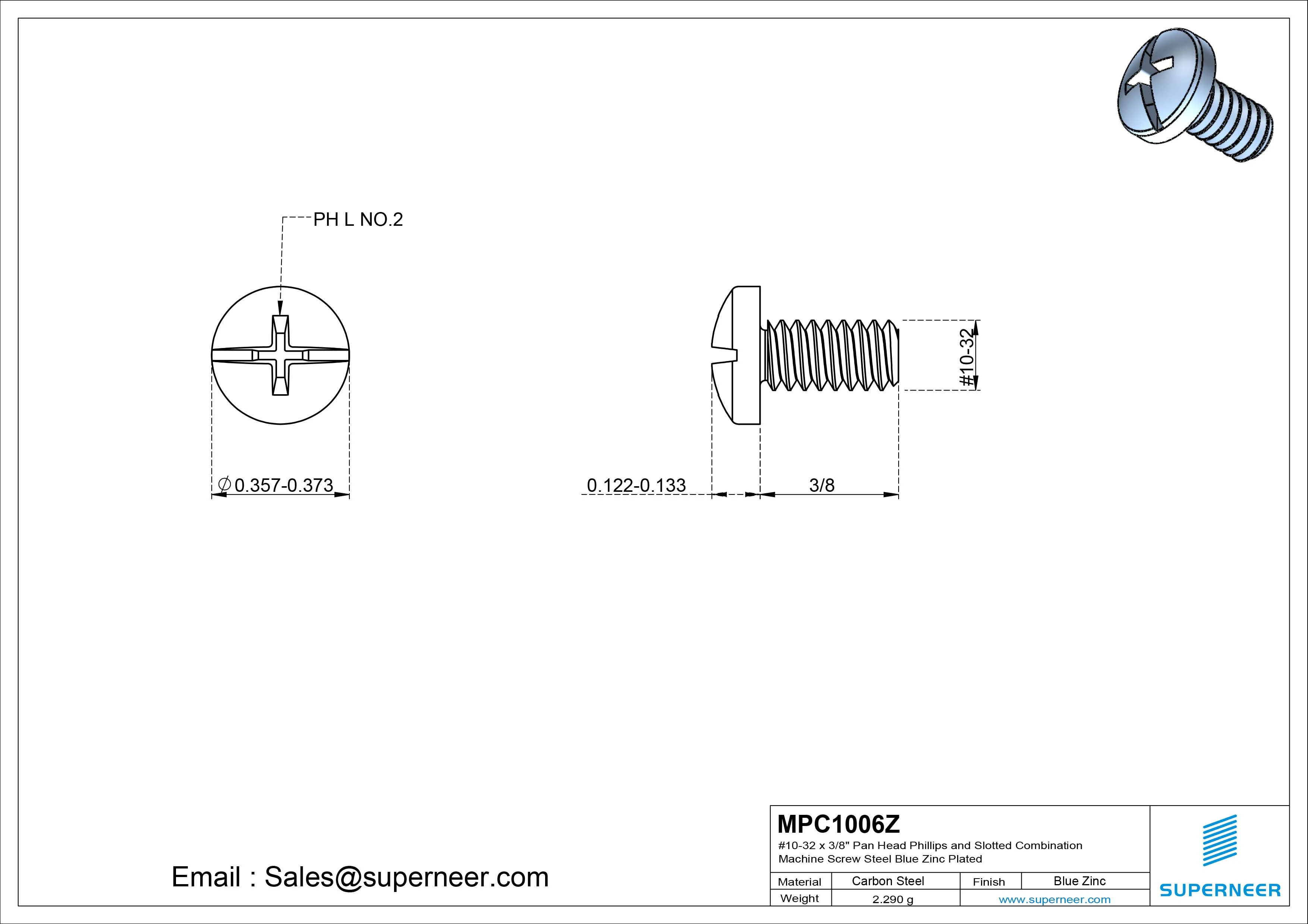 #10-32 x 3/8" Pan Head Phillips and Slotted Combination Machine Screw Steel Blue Zinc Plated