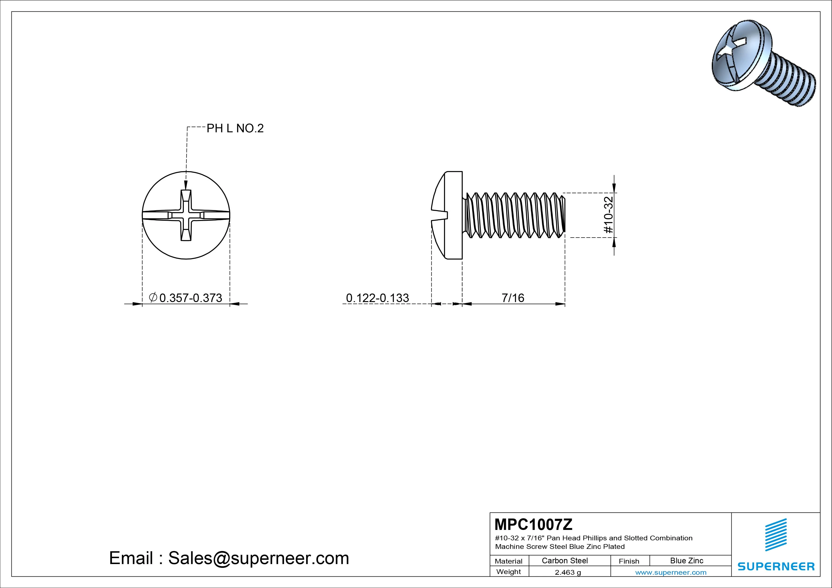#10-32 x 7/16" Pan Head Phillips and Slotted Combination Machine Screw Steel Blue Zinc Plated