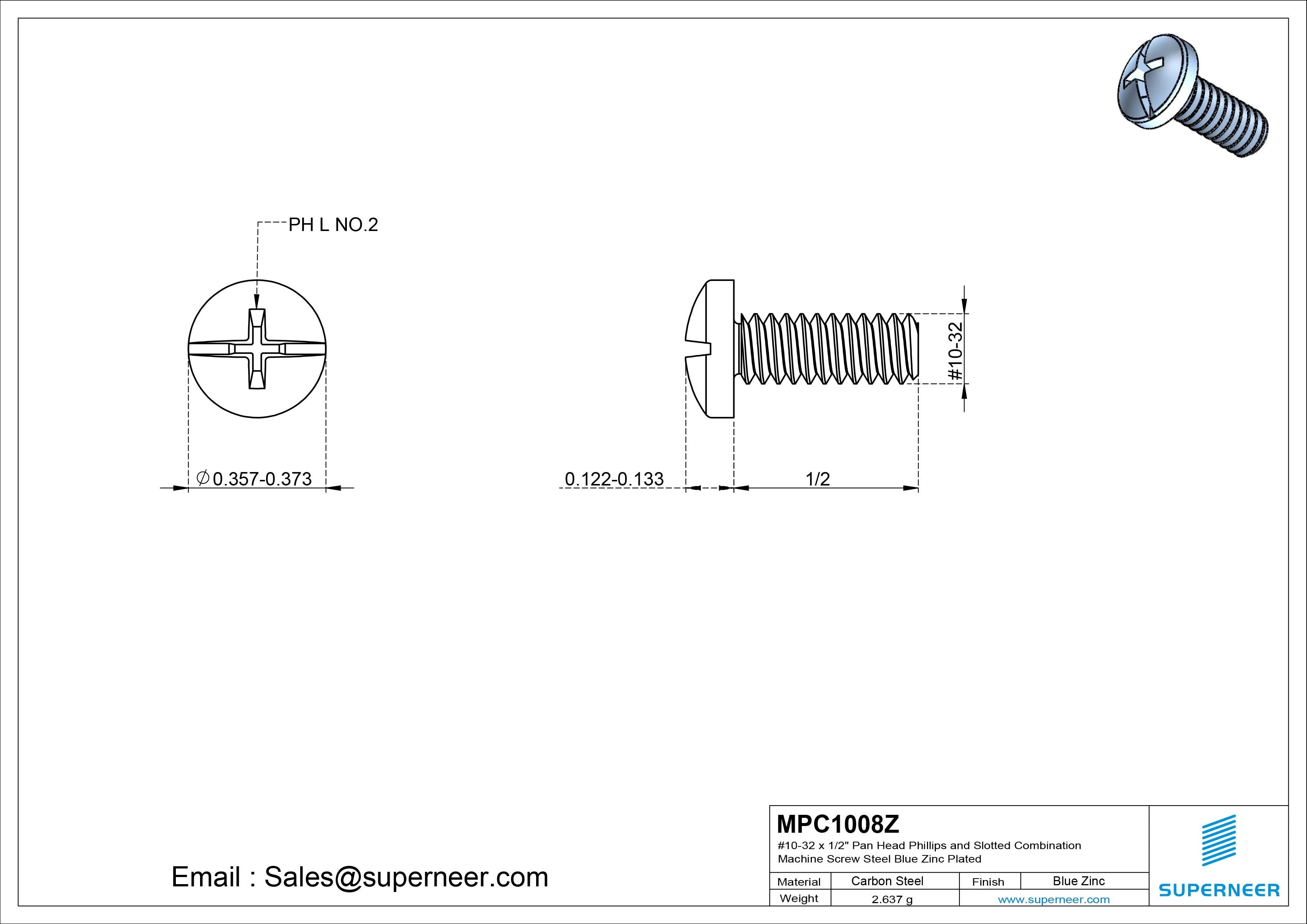 #10-32 x 1/2" Pan Head Phillips and Slotted Combination Machine Screw Steel Blue Zinc Plated
