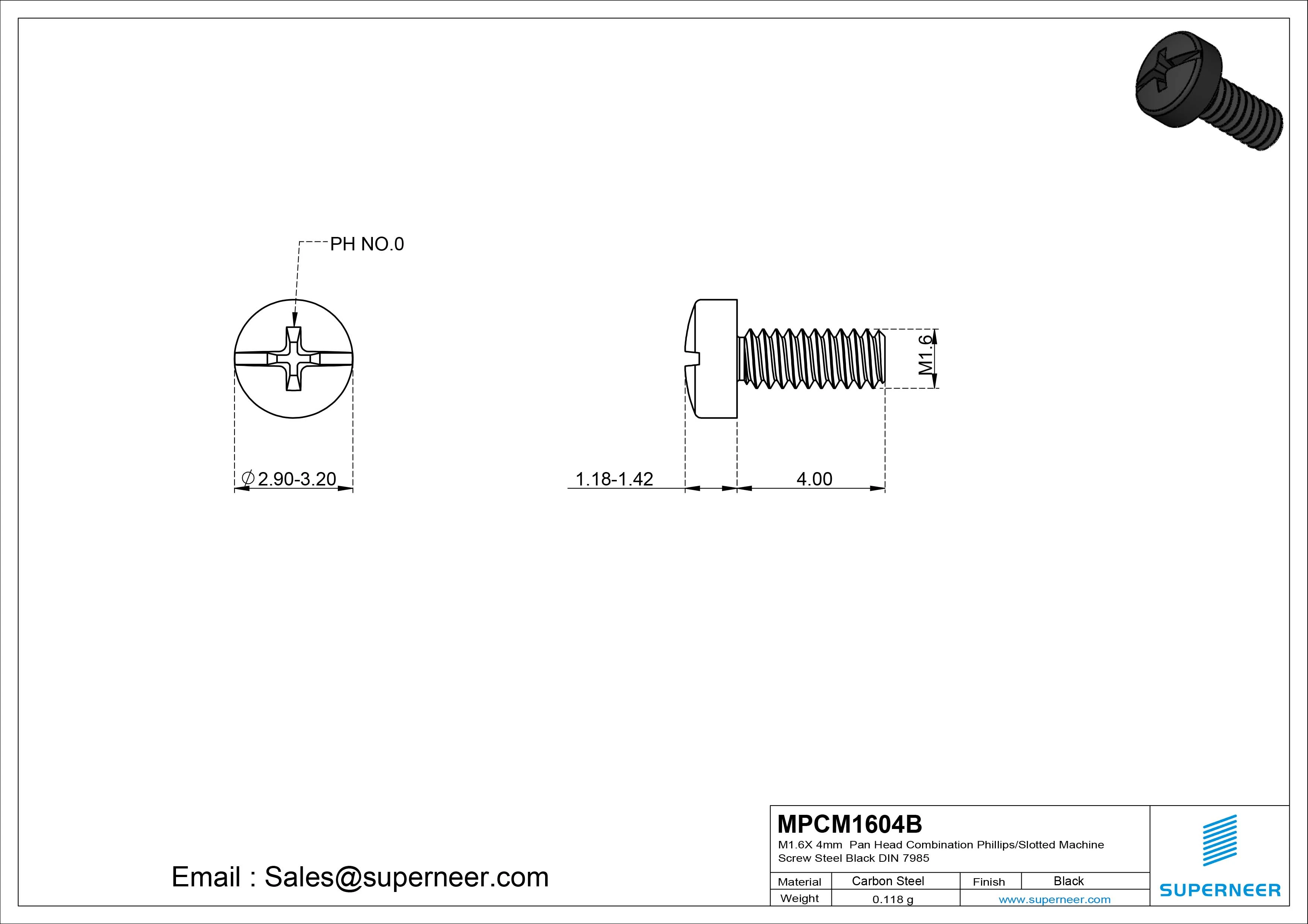 M1.6x 4mm Pan Head Combination Phillips/Slotted Machine Screw Steel Black DIN 7985