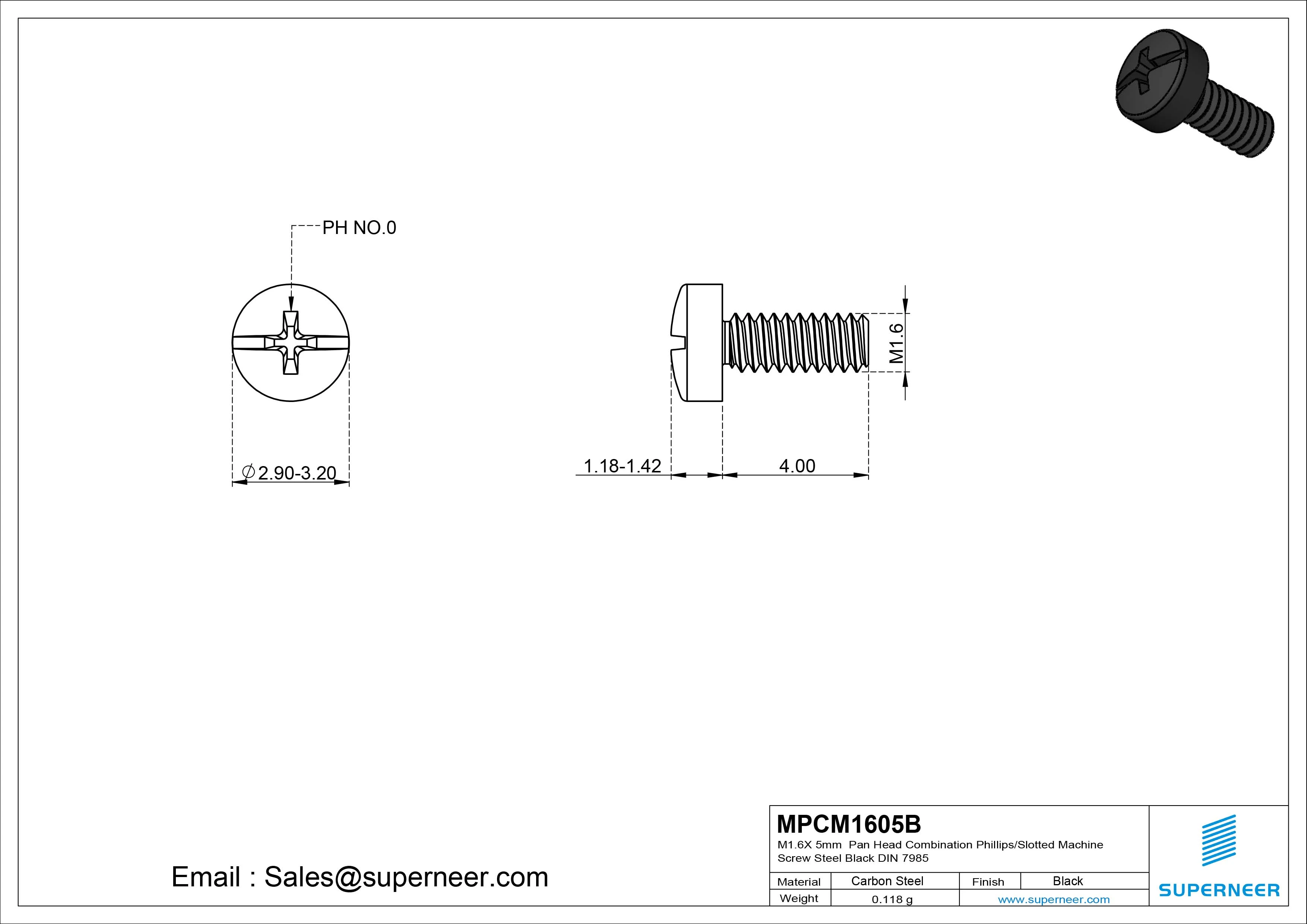 M1.6x 5mm Pan Head Combination Phillips/Slotted Machine Screw Steel Black DIN 7985