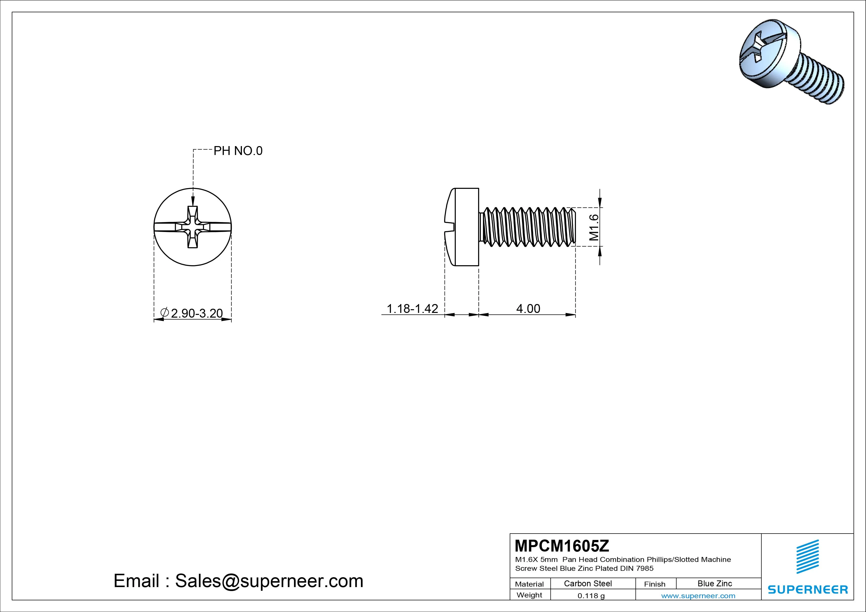 M1.6 x 5mm Pan Head Combination Phillips/Slotted Machine Screw Steel Blue Zinc Plated DIN 7985