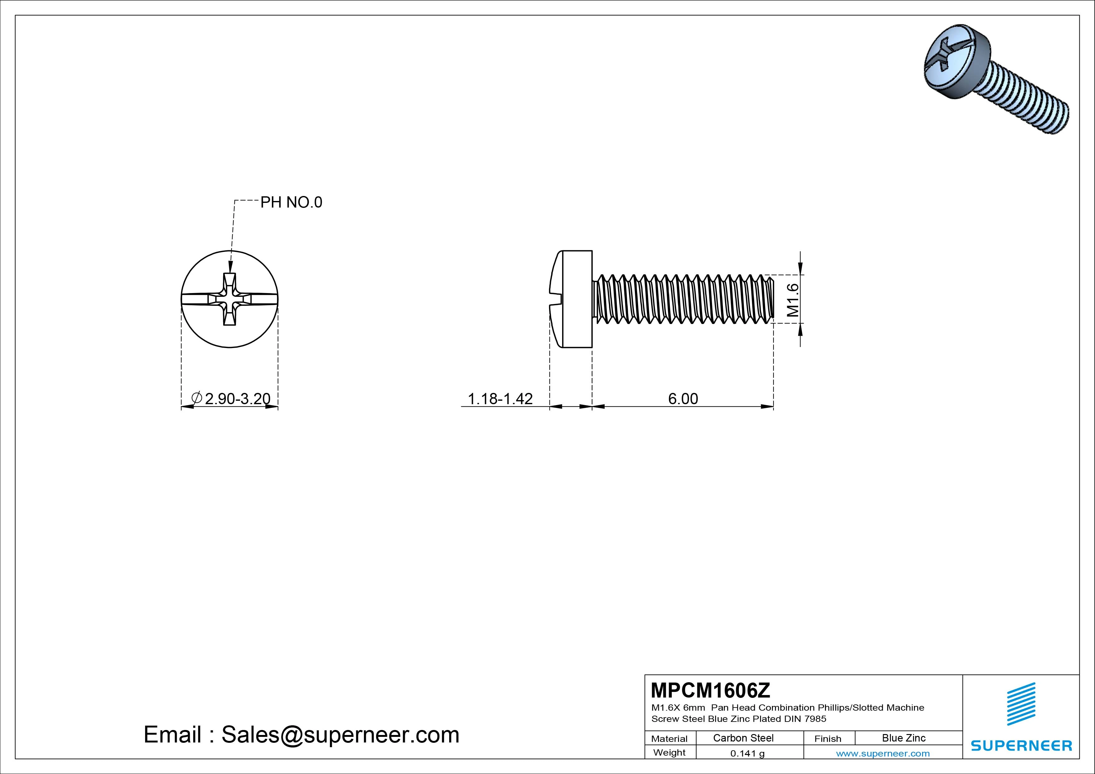 M1.6  x 6mm Pan Head Combination Phillips/Slotted Machine Screw Steel Blue Zinc Plated DIN 7985