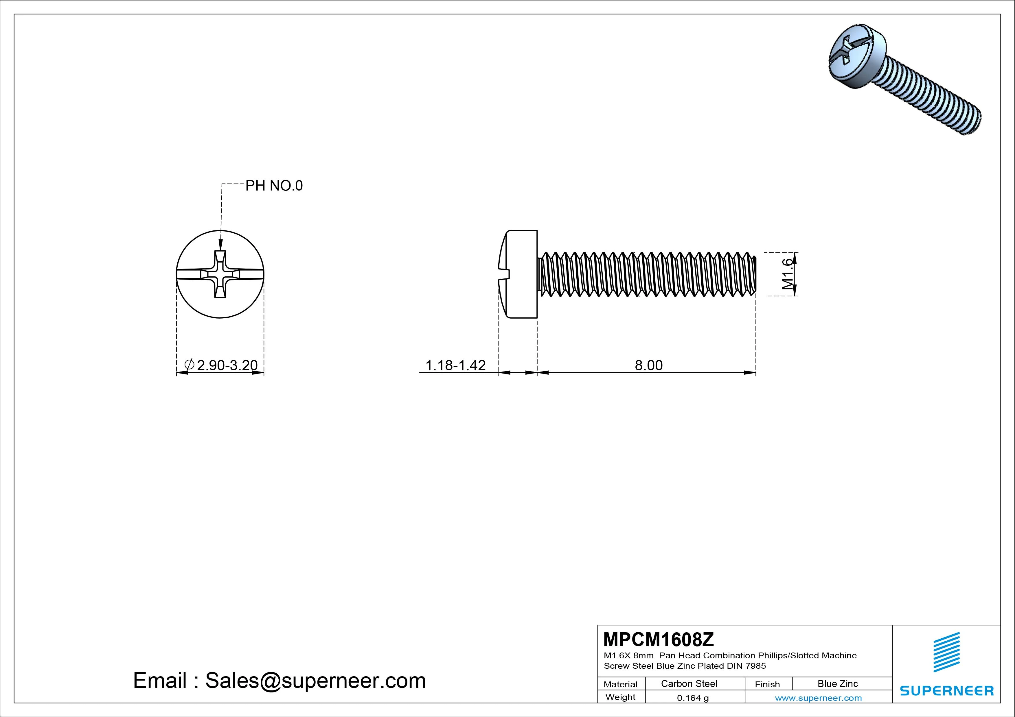 M1.6 x 8mm Pan Head Combination Phillips/Slotted Machine Screw Steel Blue Zinc Plated DIN 7985