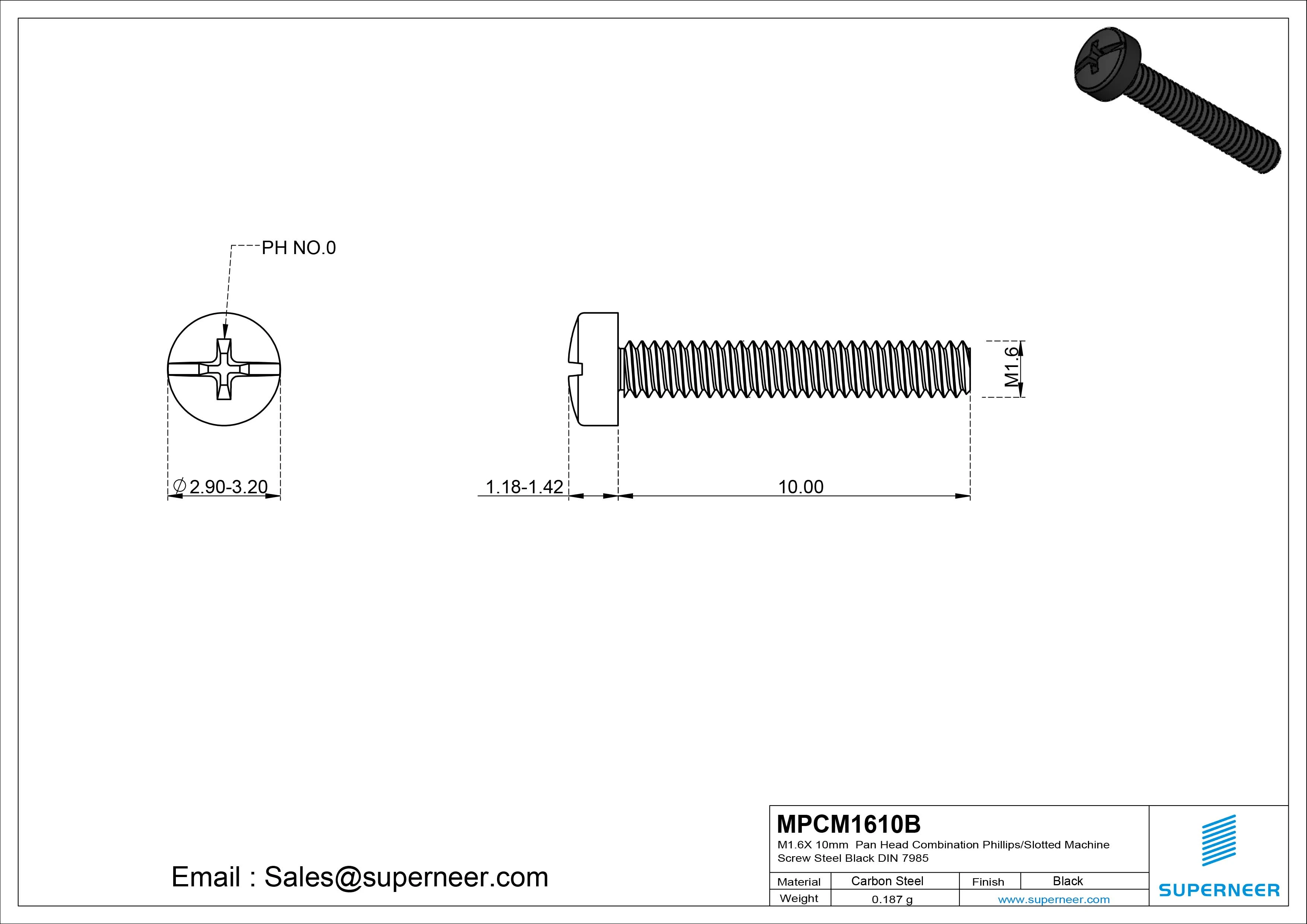 M1.6 x 10mm Pan Head Combination Phillips/Slotted Machine Screw Steel Black DIN 7985
