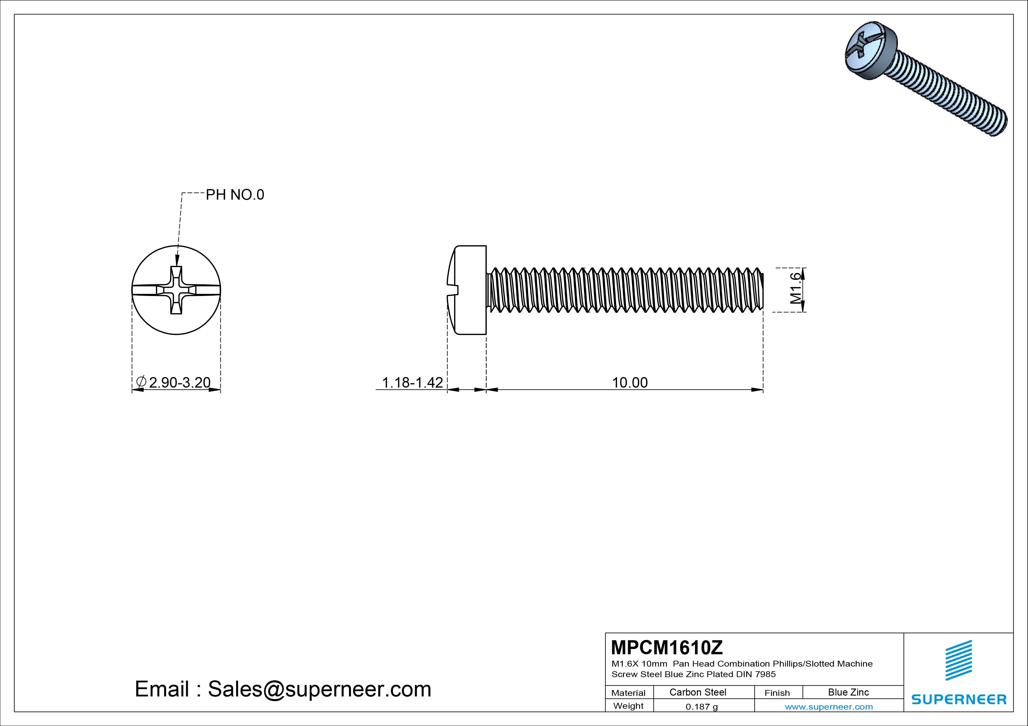 M1.6 x 10mm Pan Head Combination Phillips/Slotted Machine Screw Steel Blue Zinc Plated DIN 7985