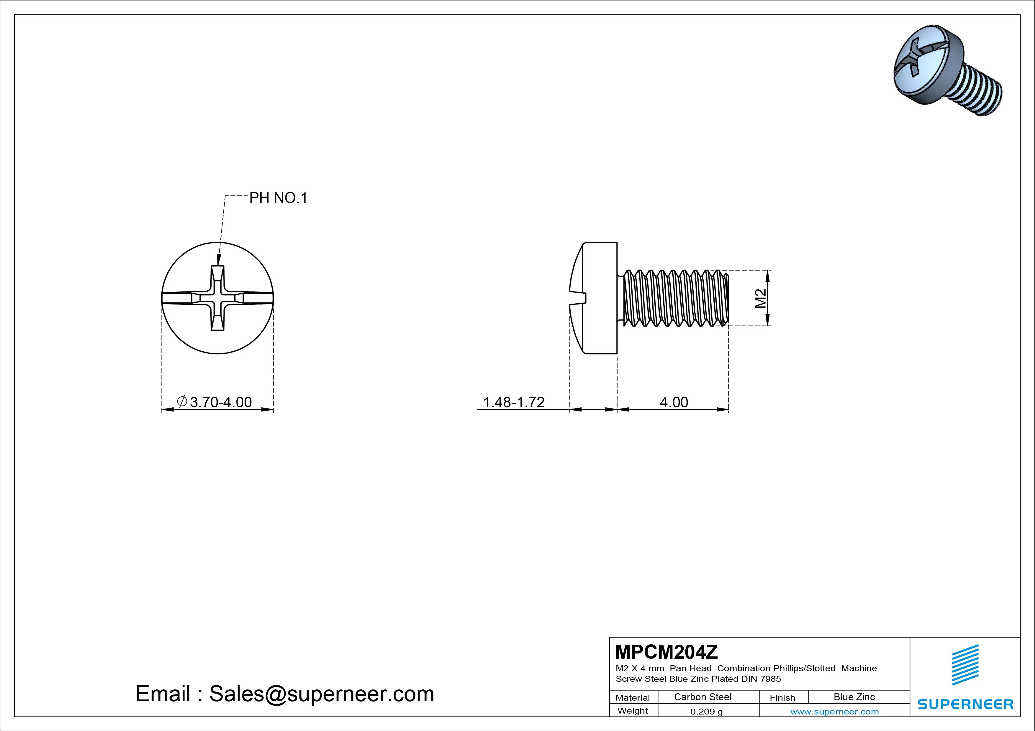 M2 x 4 mm Pan Head Combination Phillips/Slotted Machine Screw Steel Blue Zinc Plated DIN 7985