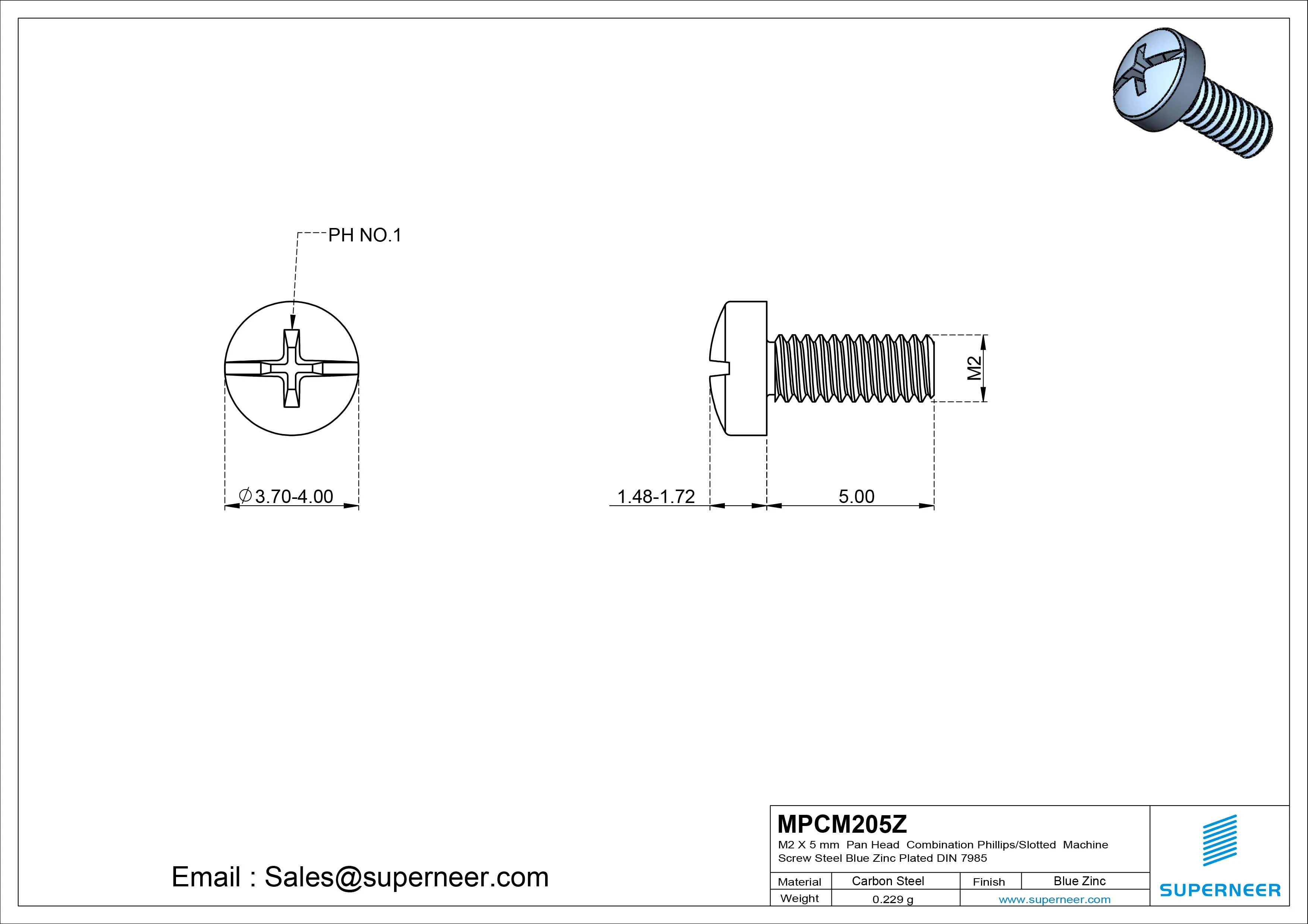 M2 x 5 mm Pan Head Combination Phillips/Slotted Machine Screw Steel Blue Zinc Plated DIN 7985