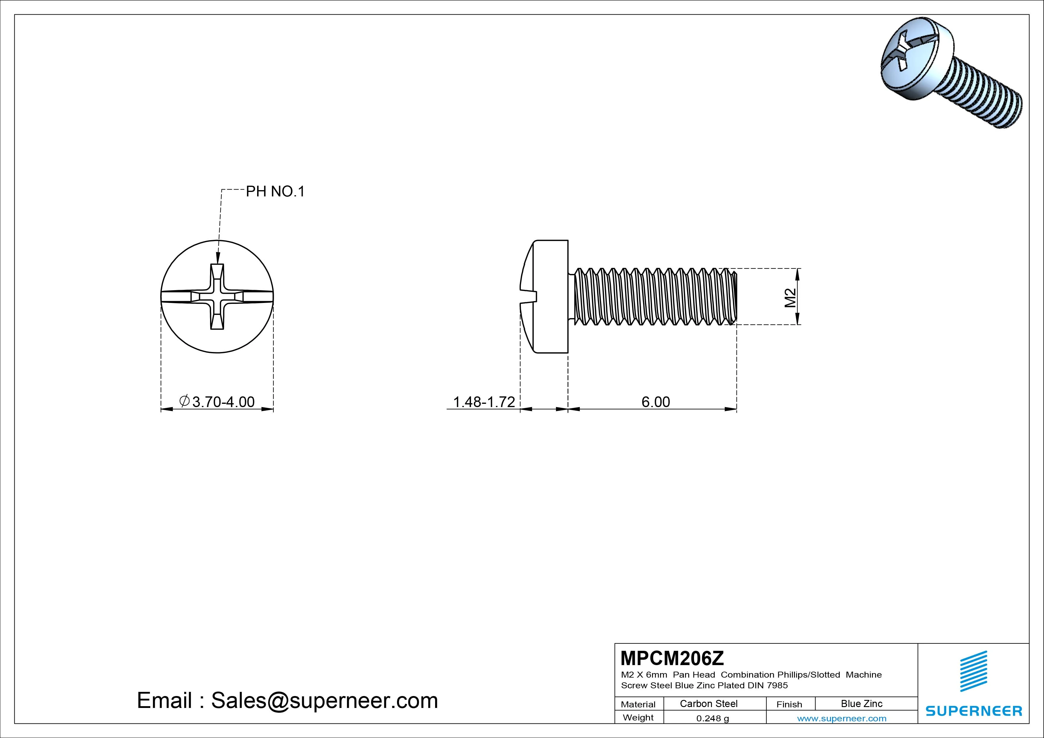 M2 x 6 mm Pan Head Combination Phillips/Slotted Machine Screw Steel Blue Zinc Plated DIN 7985