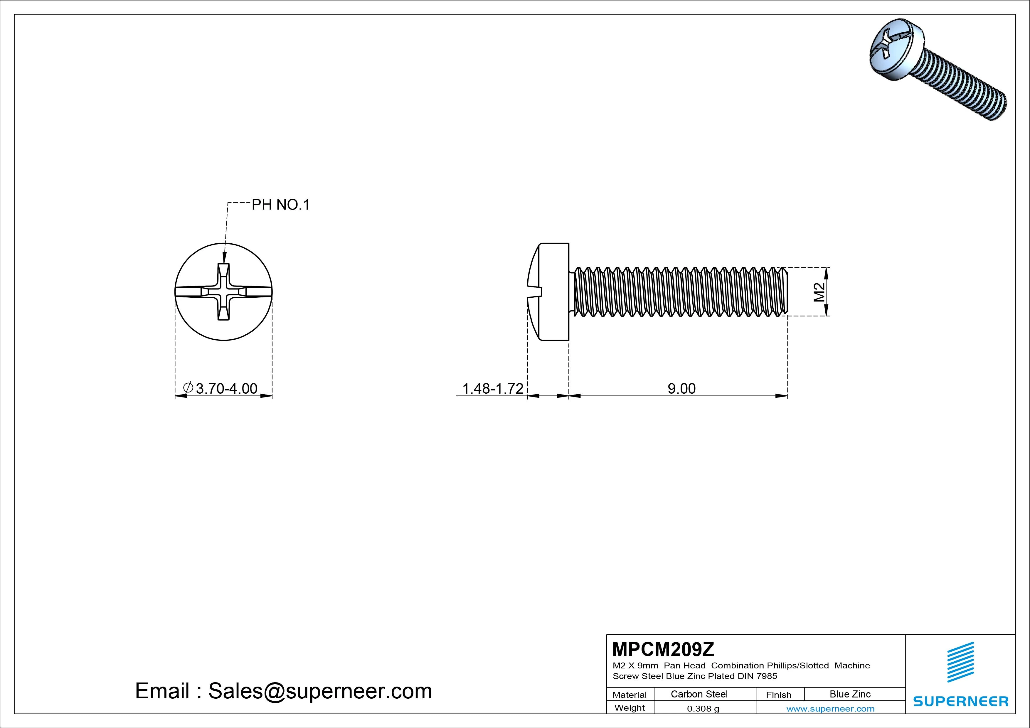 M2 x 9 mm Pan Head Combination Phillips/Slotted Machine Screw Steel Blue Zinc Plated DIN 7985