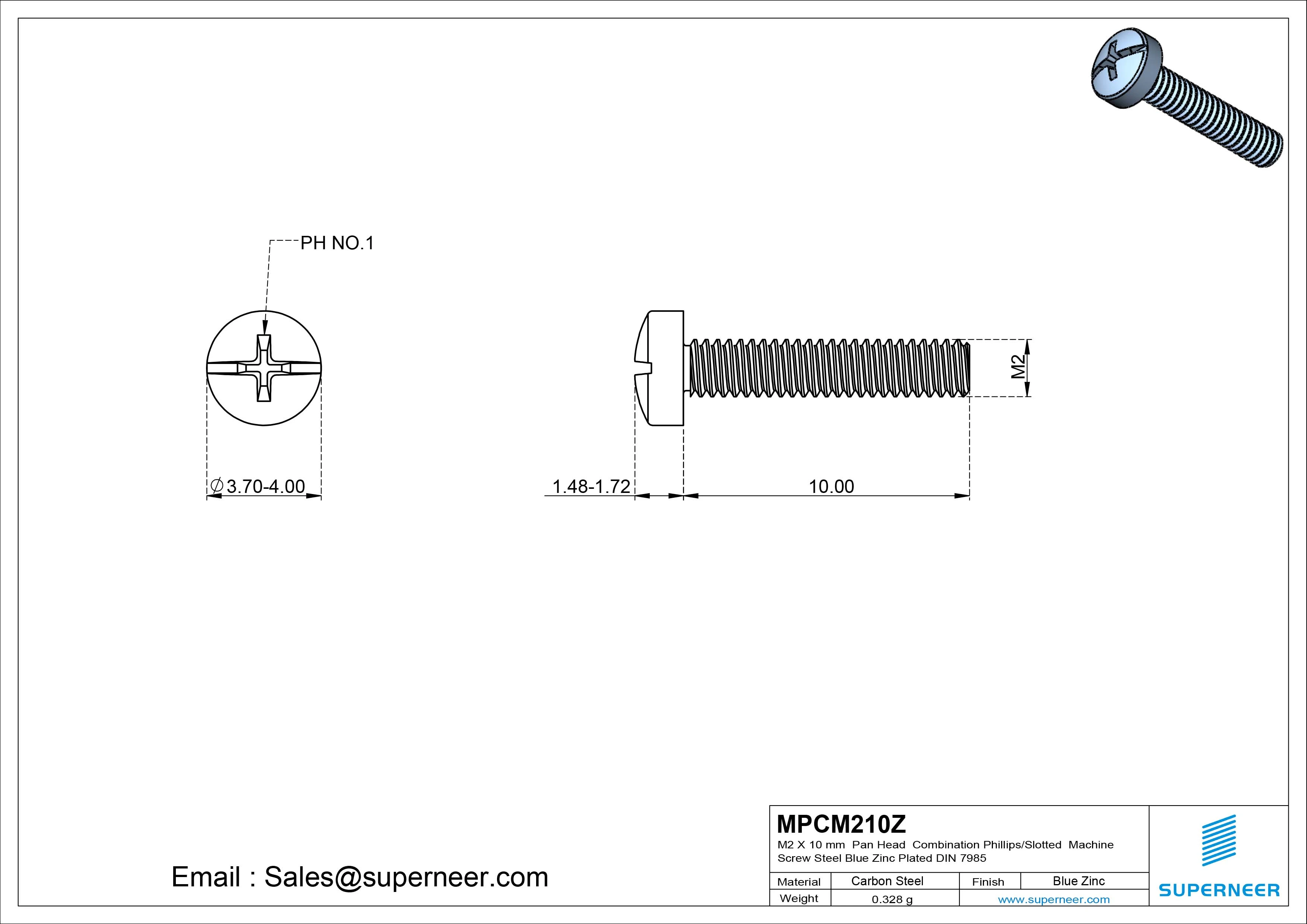M2 x 10 mm Pan Head Combination Phillips/Slotted Machine Screw Steel Blue Zinc Plated DIN 7985