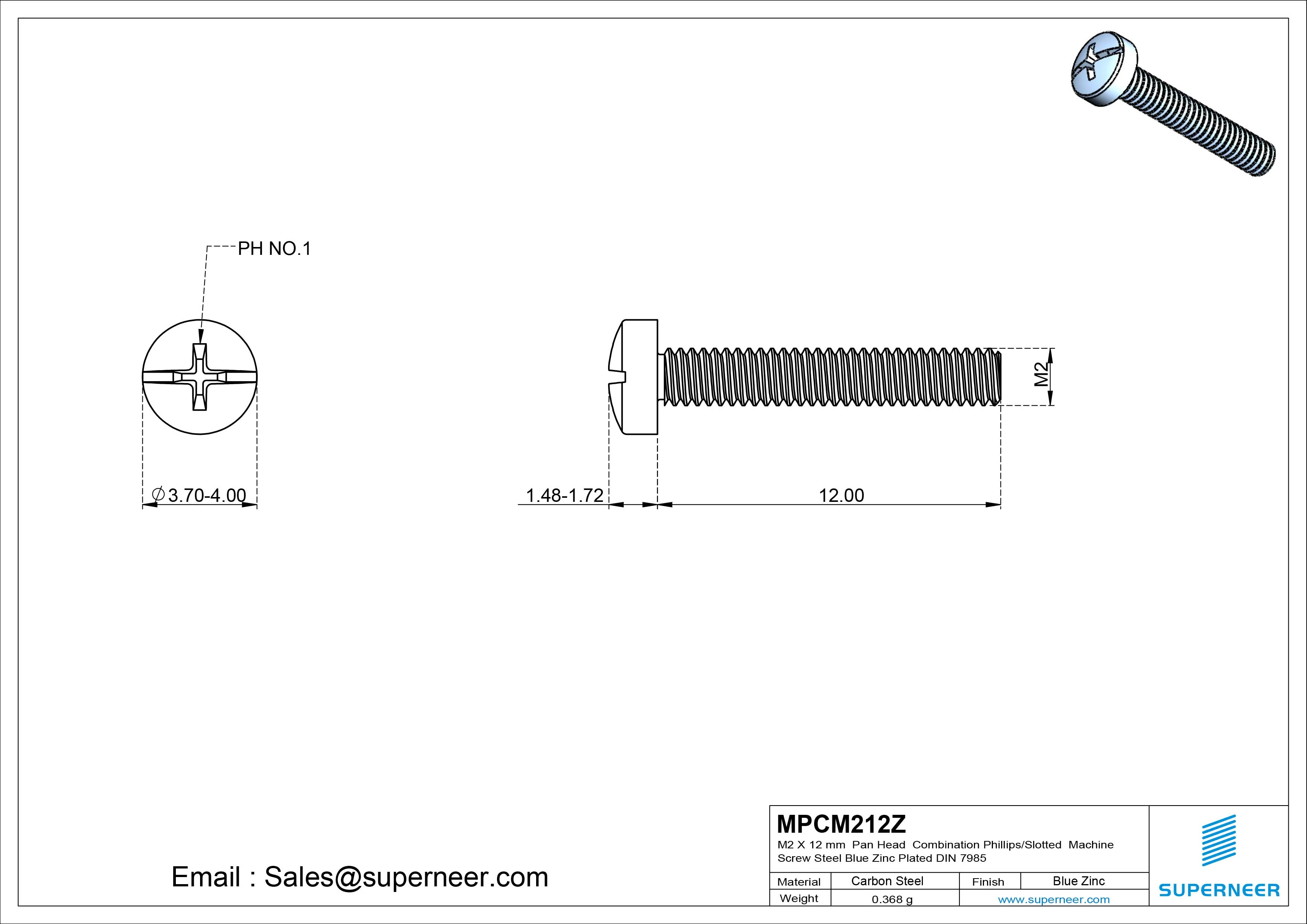 M2 x 12 mm Pan Head Combination Phillips/Slotted Machine Screw Steel Blue Zinc Plated DIN 7985