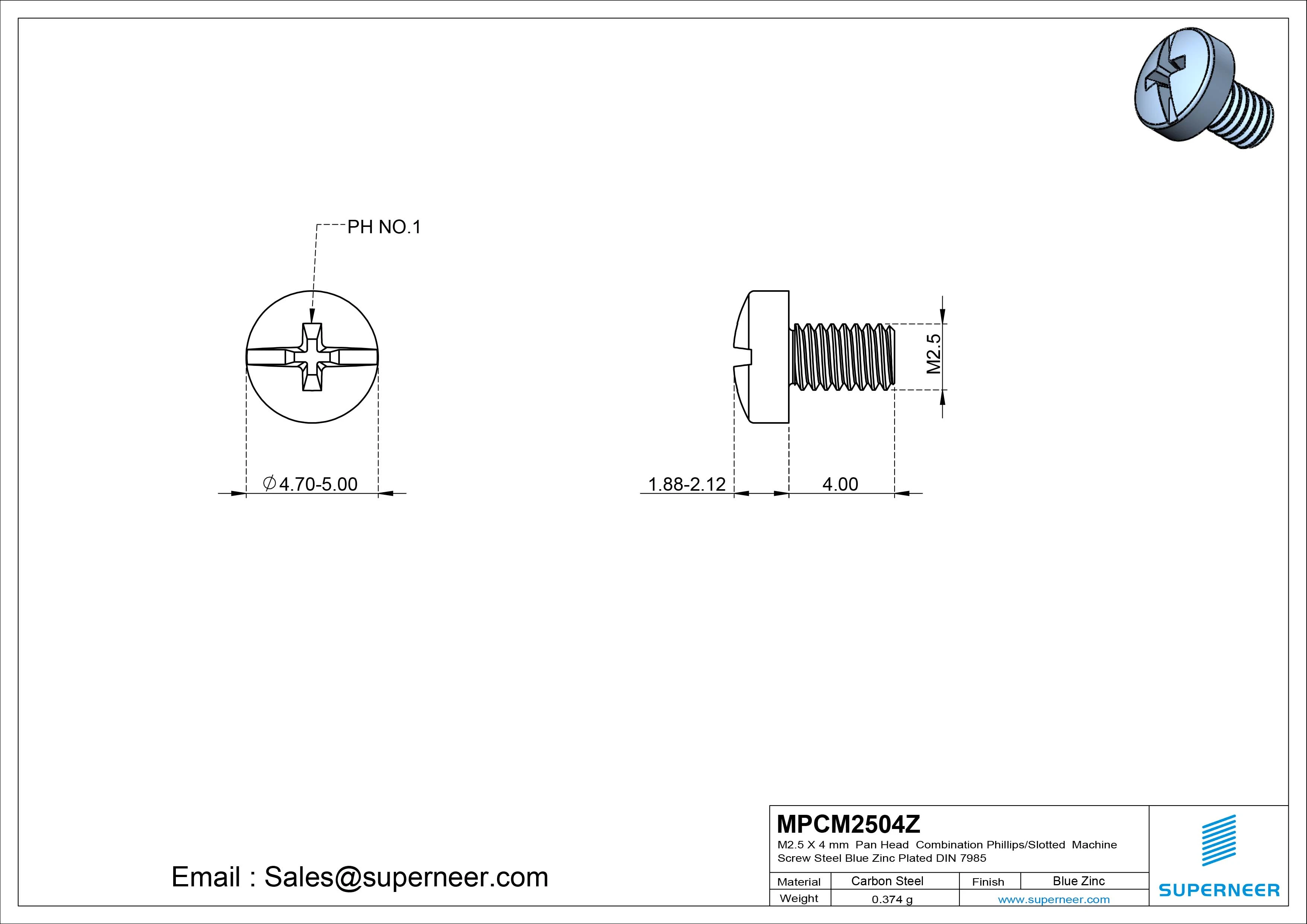 M2.5 x 4 mm Pan Head Combination Phillips/Slotted Machine Screw Steel Blue Zinc Plated DIN 7985