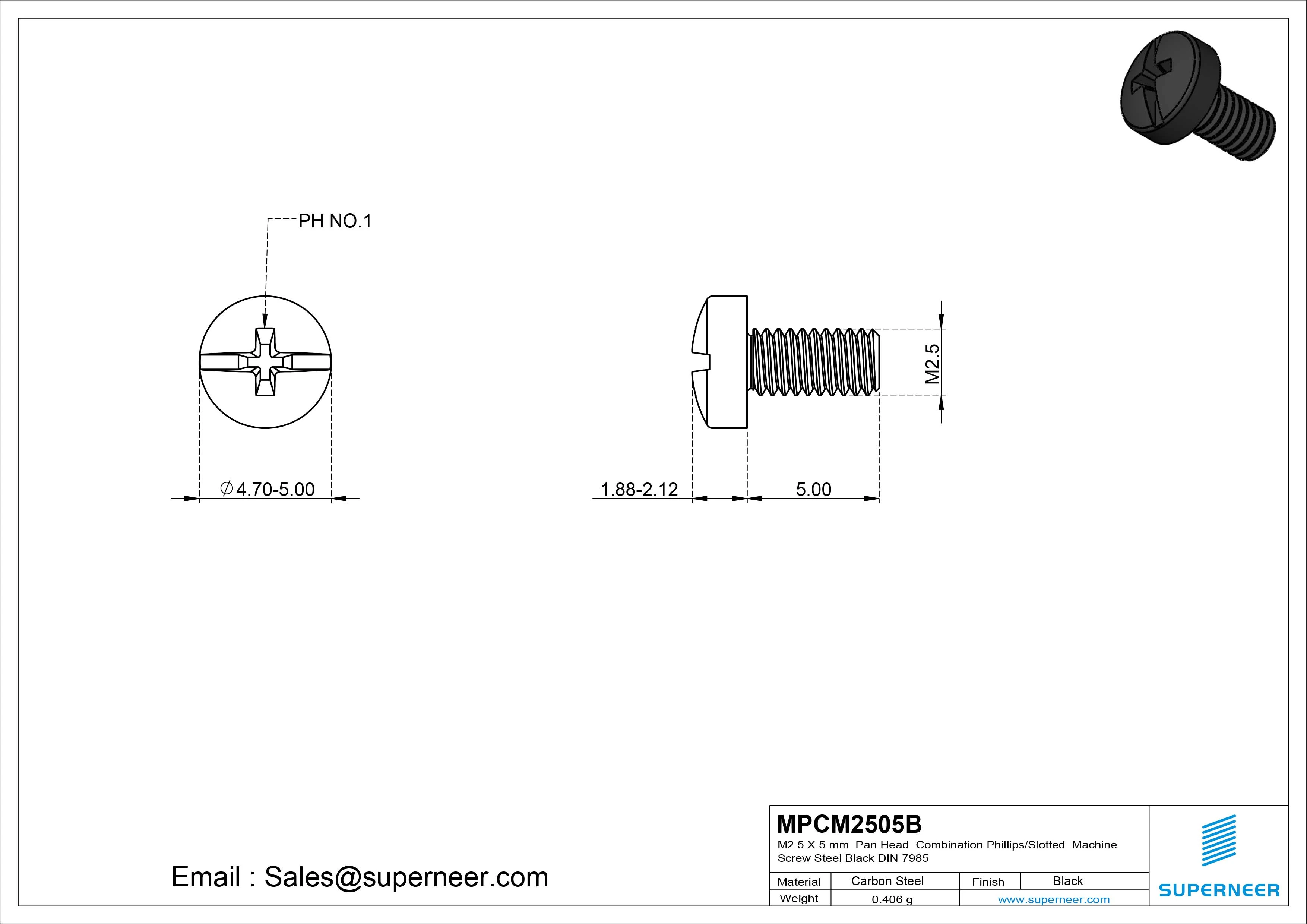 M2.5 x 5 mm Pan Head Combination Phillips/Slotted Machine Screw Steel Black DIN 7985