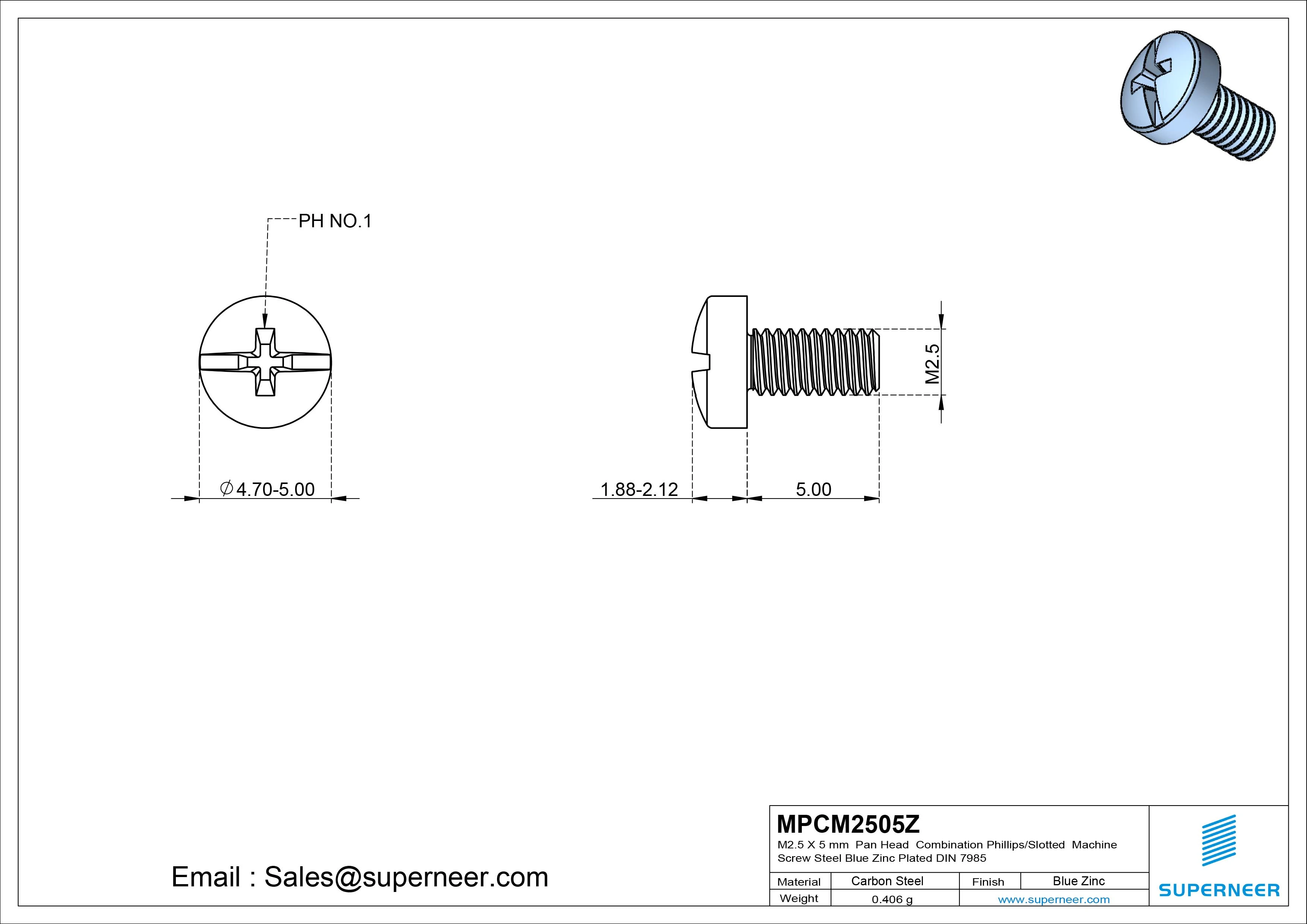 M2.5 x 5 mm Pan Head Combination Phillips/Slotted Machine Screw Steel Blue Zinc Plated DIN 7985