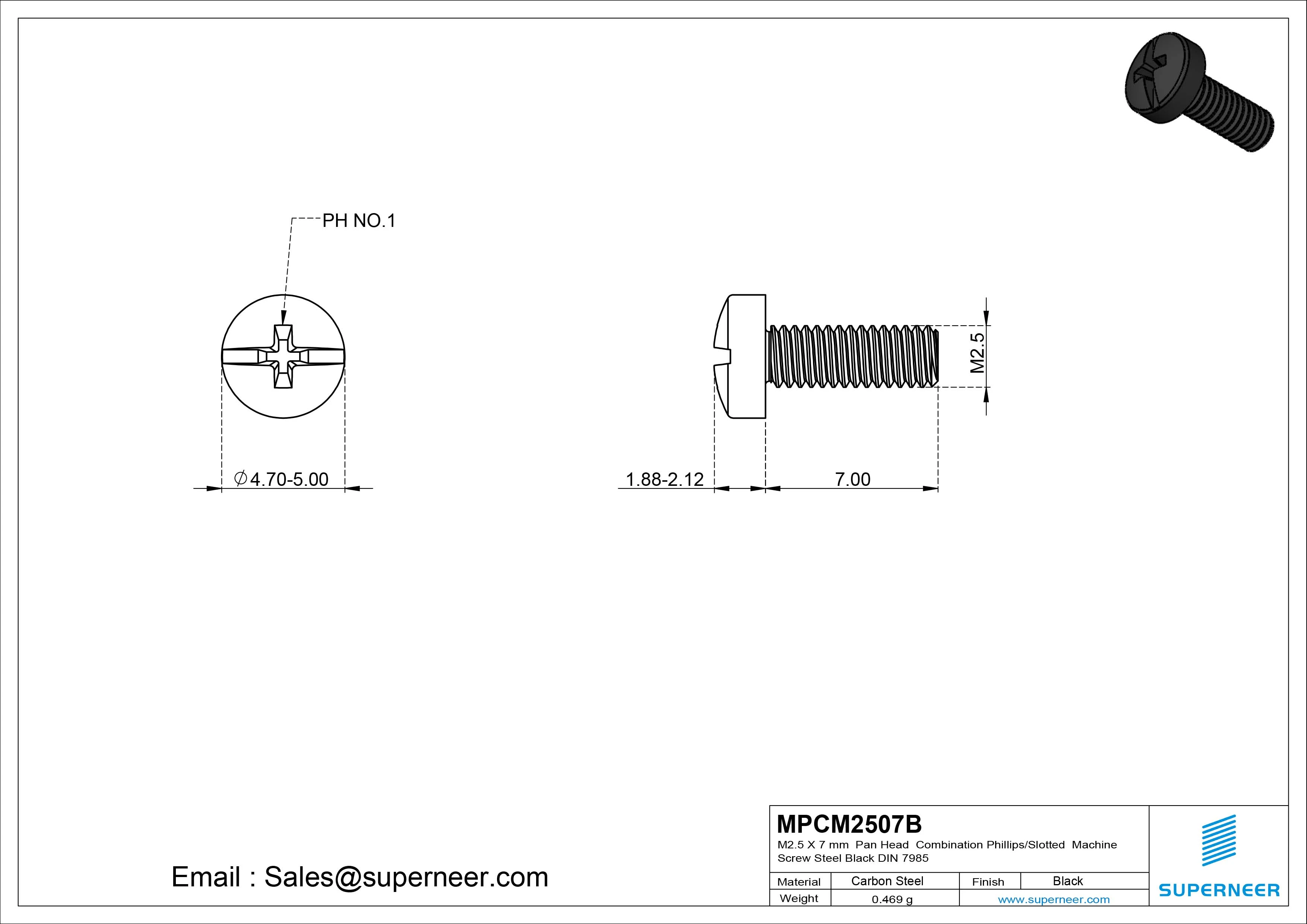 M2.5 x 7 mm Pan Head Combination Phillips/Slotted Machine Screw Steel Black DIN 7985