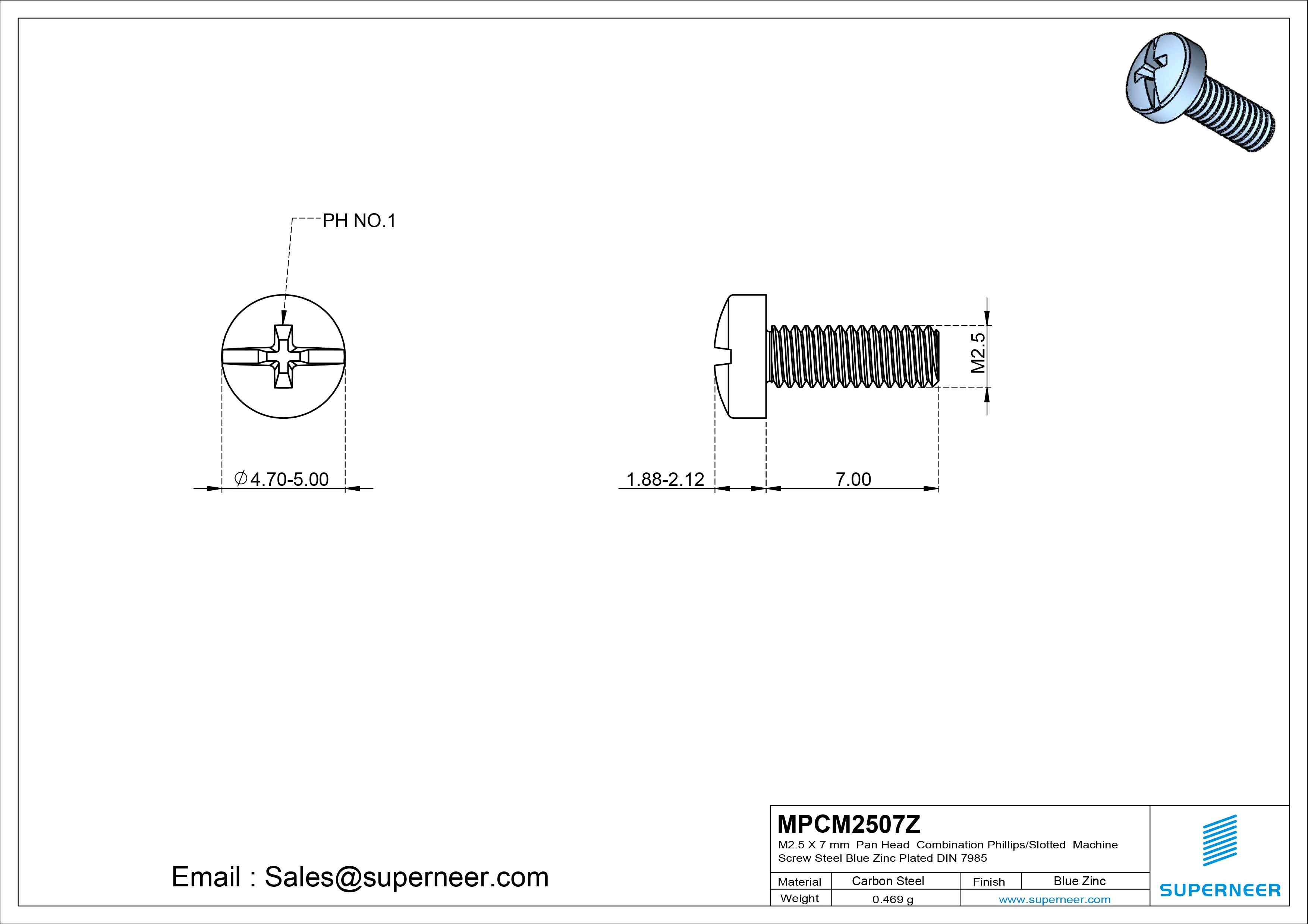 M2.5 x 7 mm Pan Head Combination Phillips/Slotted Machine Screw Steel Blue Zinc Plated DIN 7985