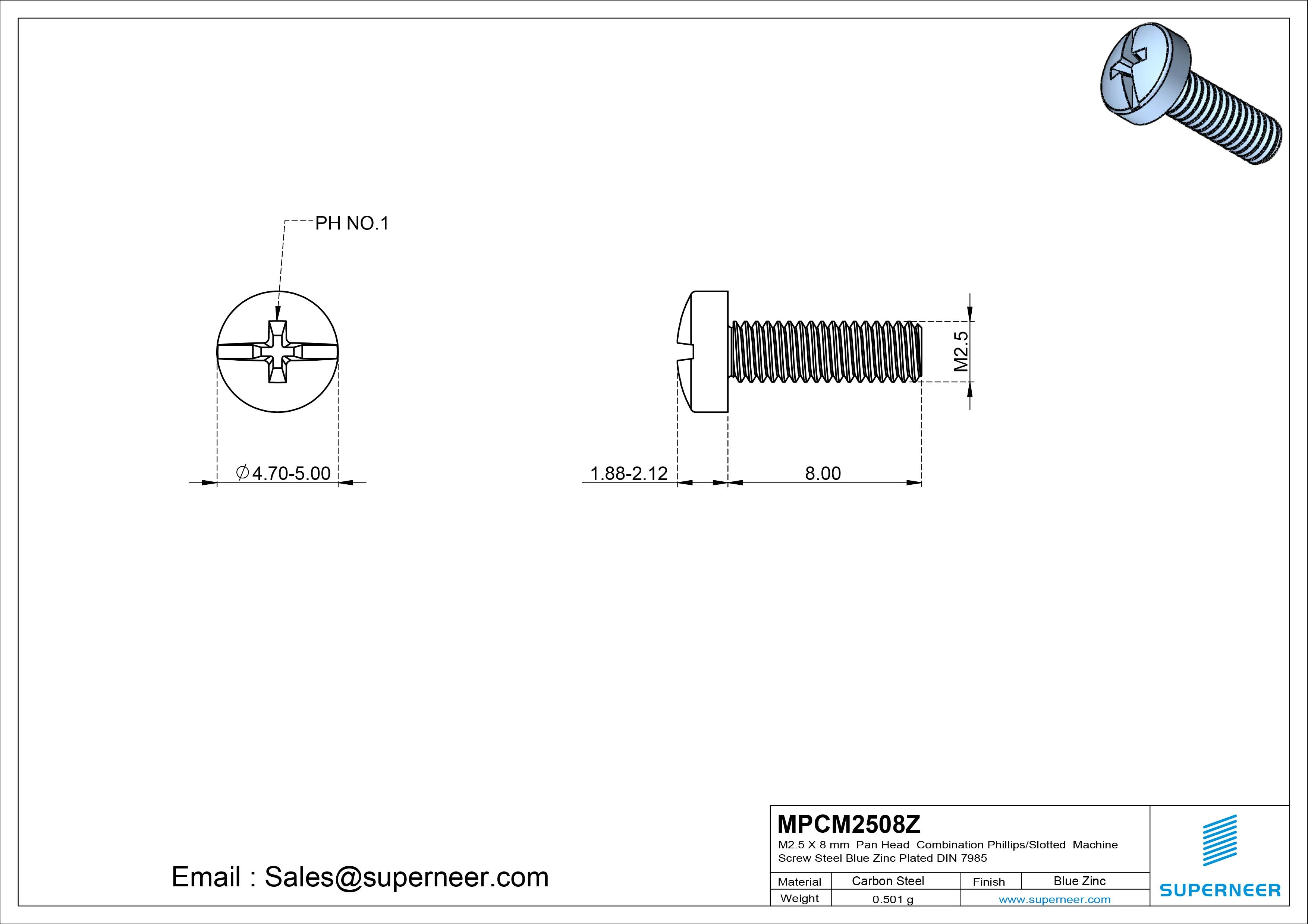 M2.5 x 8 mm Pan Head Combination Phillips/Slotted Machine Screw Steel Blue Zinc Plated DIN 7985