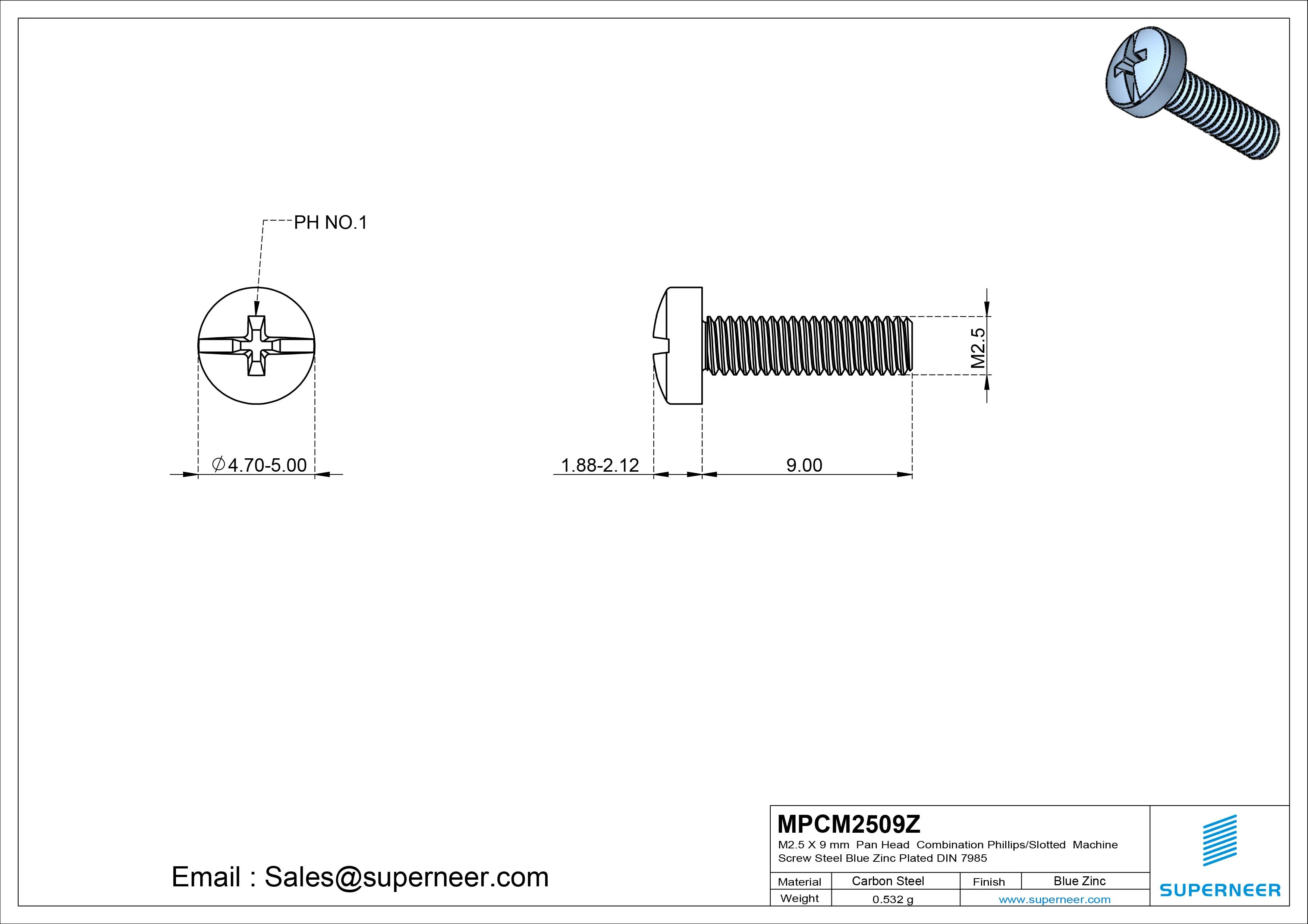 M2.5 x 9 mm Pan Head Combination Phillips/Slotted Machine Screw Steel Blue Zinc Plated DIN 7985