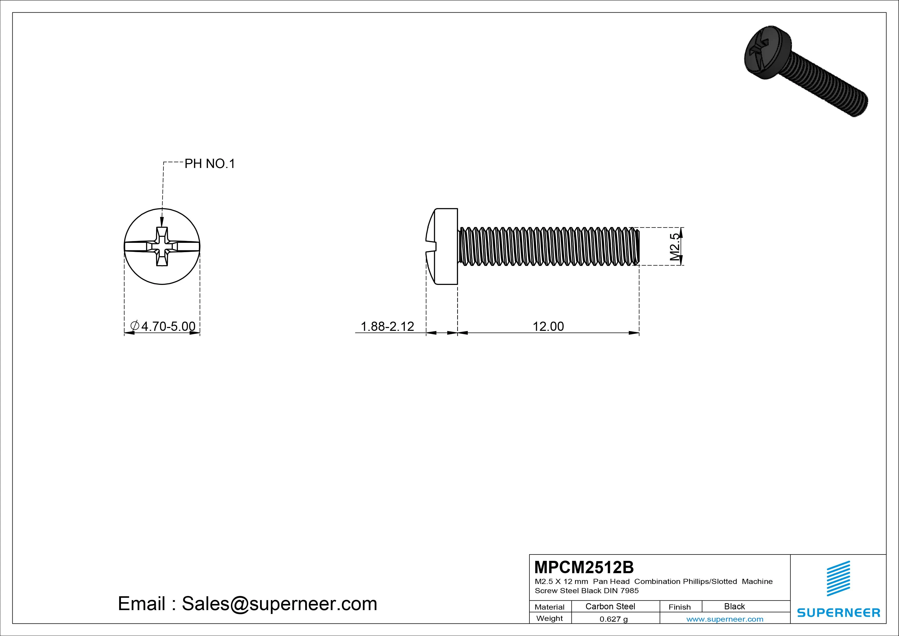 M2.5 x 12 mm Pan Head Combination Phillips/Slotted Machine Screw Steel Black DIN 7985